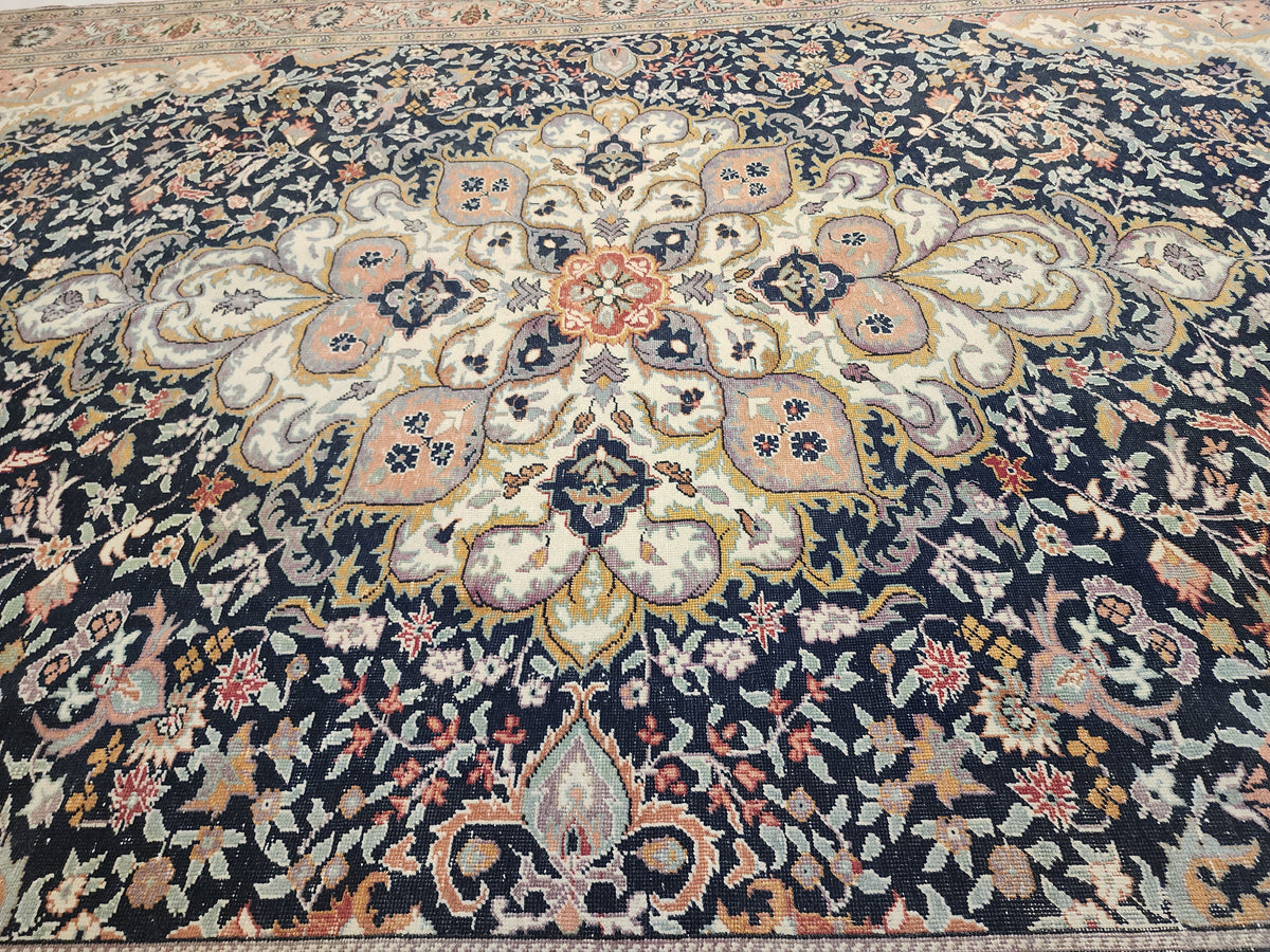 Vintage Handwoven Turkish Hereke Style Rug, Navy Blue Floral Wool Carpet
