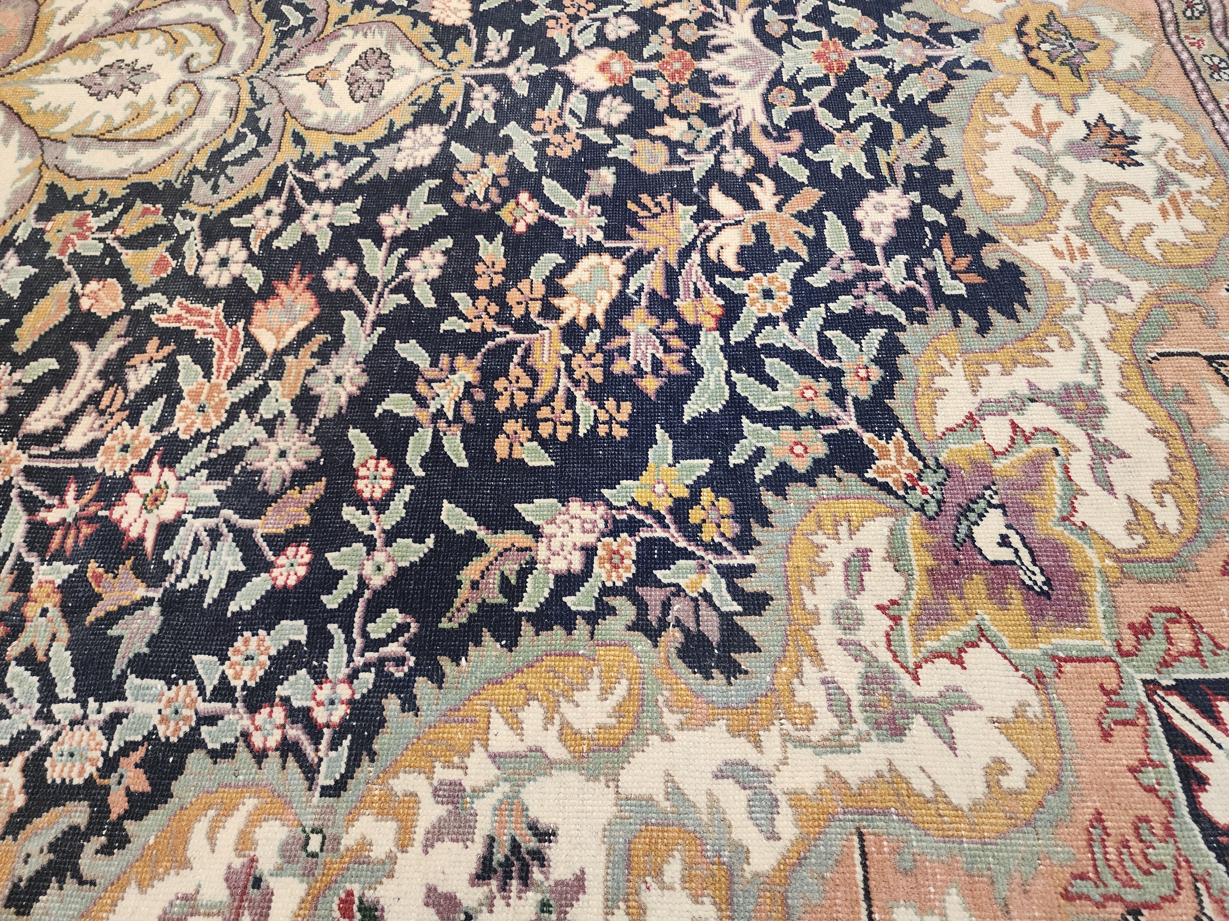 Vintage Handwoven Turkish Hereke Style Rug, Navy Blue Floral Wool Carpet