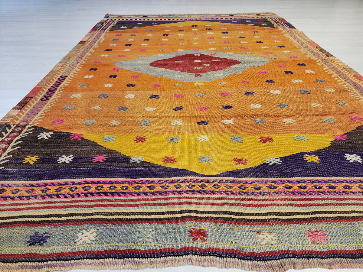 Vintage Fethiye Kilim Rug, Tahtacı Tribal Flatweave, Natural Dye Wool Area Rug