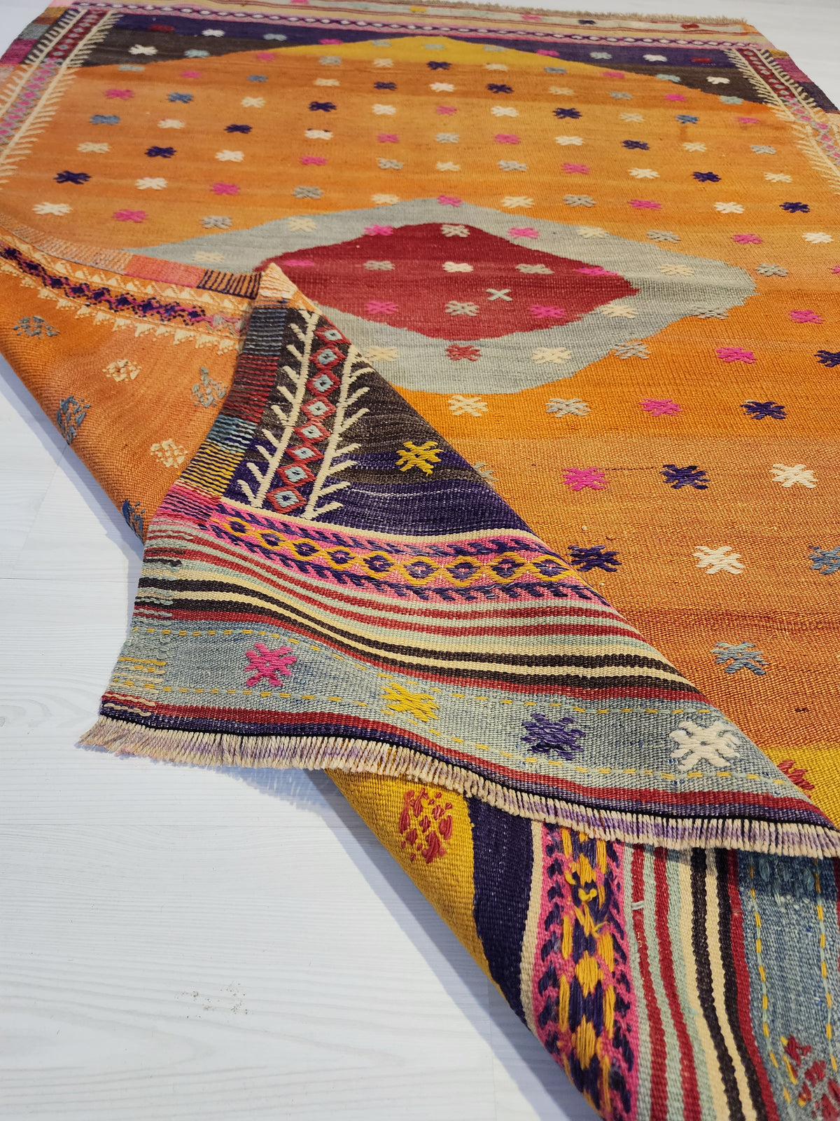 Vintage Fethiye Kilim Rug, Tahtacı Tribal Flatweave, Natural Dye Wool Area Rug