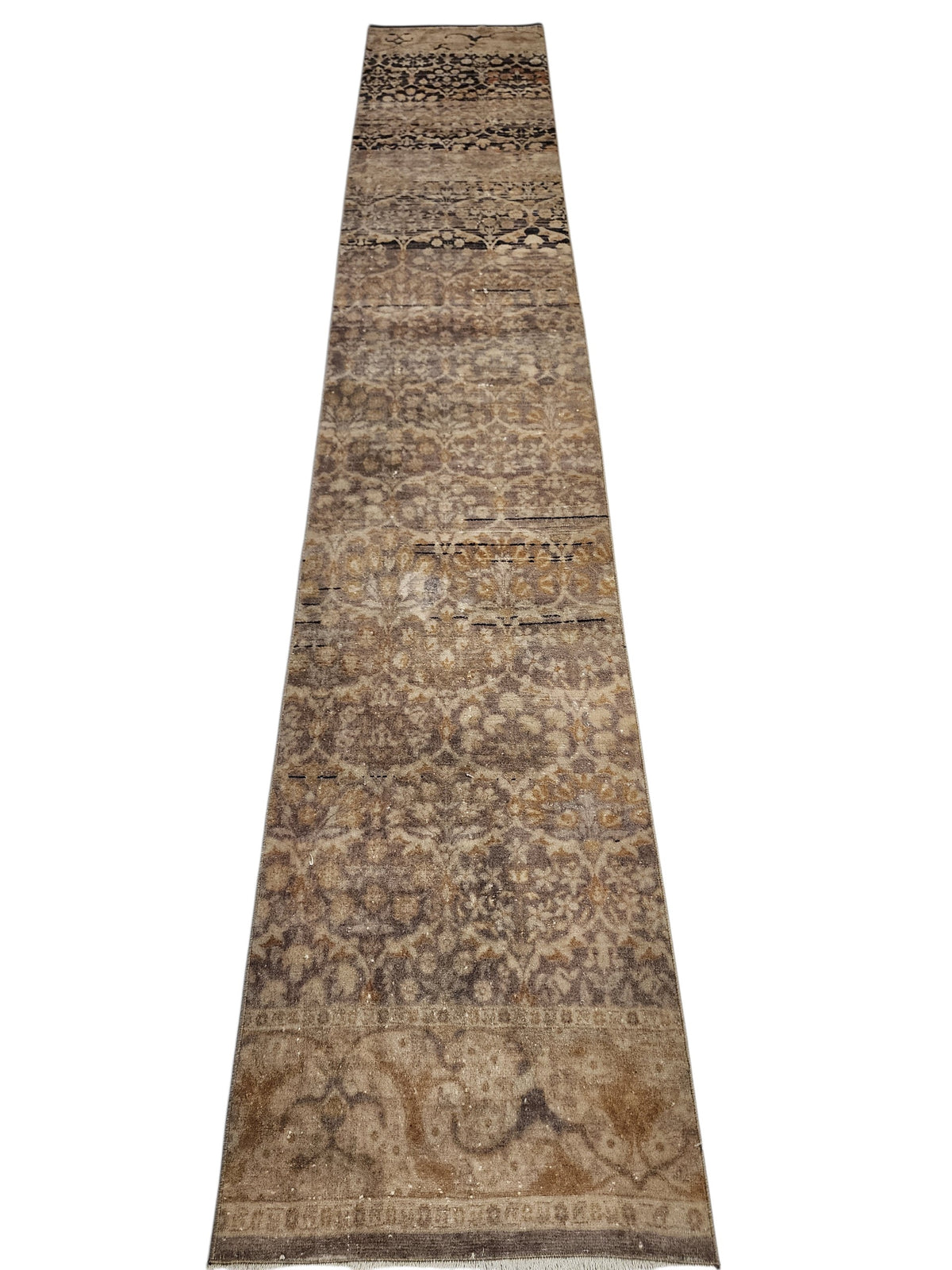Vintage Turkish Hereke Runner Rug, Handknotted Wool, Muted Beige Brown Floral 1'9''x10'3''