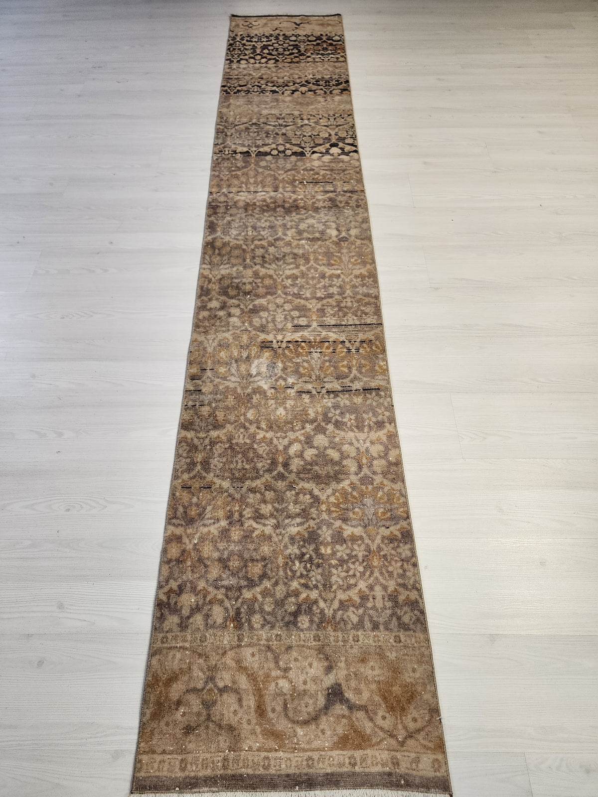 Vintage Turkish Hereke Runner Rug, Handknotted Wool, Muted Beige Brown Floral 1'9''x10'3''