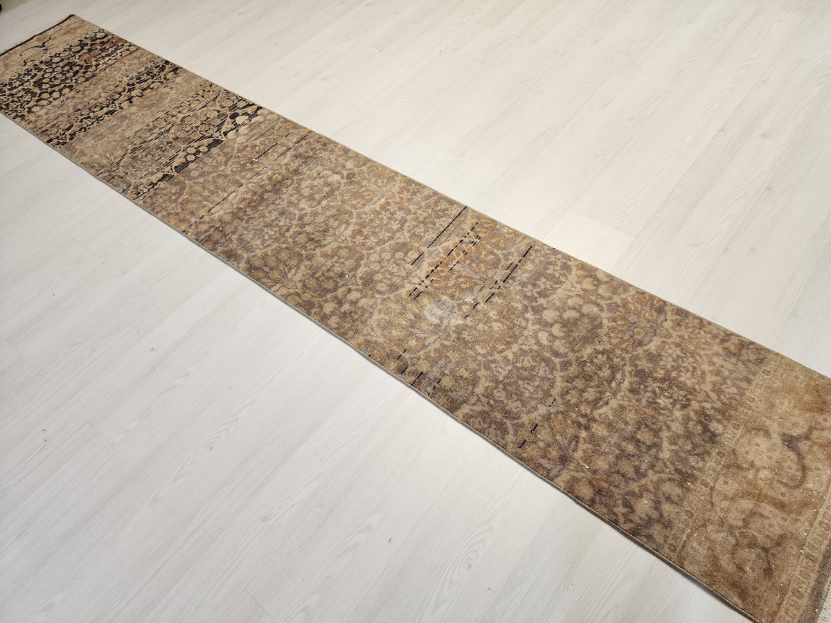 Vintage Turkish Hereke Runner Rug, Handknotted Wool, Muted Beige Brown Floral 1'9''x10'3''