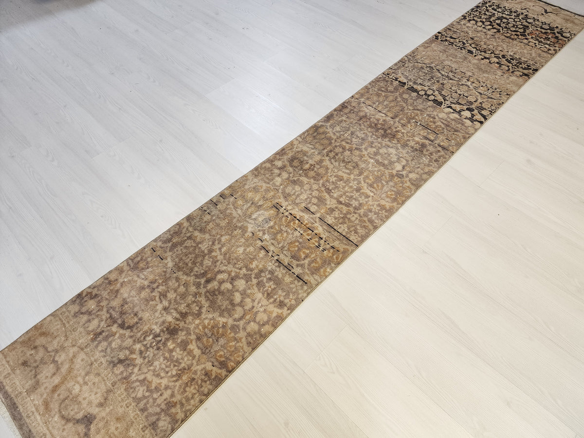 Vintage Turkish Hereke Runner Rug, Handknotted Wool, Muted Beige Brown Floral 1'9''x10'3''