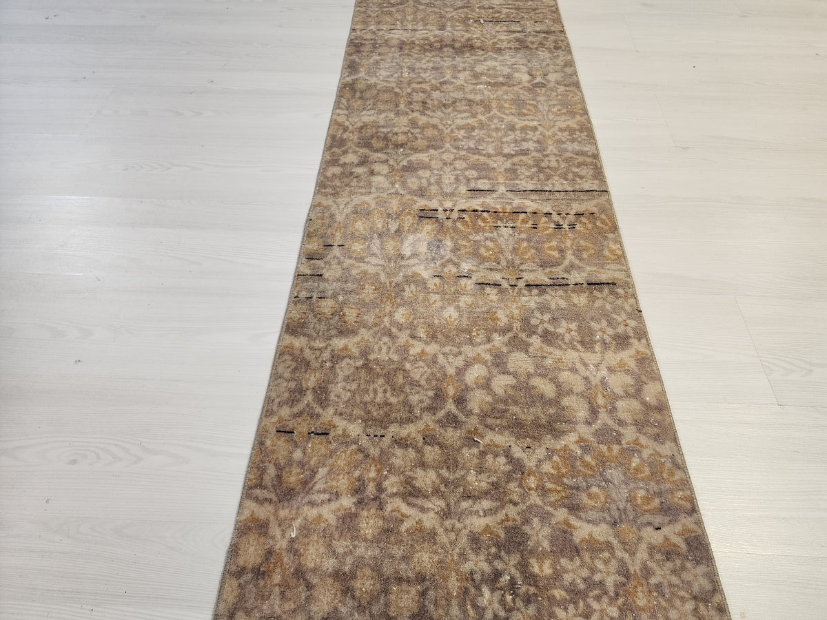 Vintage Turkish Hereke Runner Rug, Handknotted Wool, Muted Beige Brown Floral 1'9''x10'3''