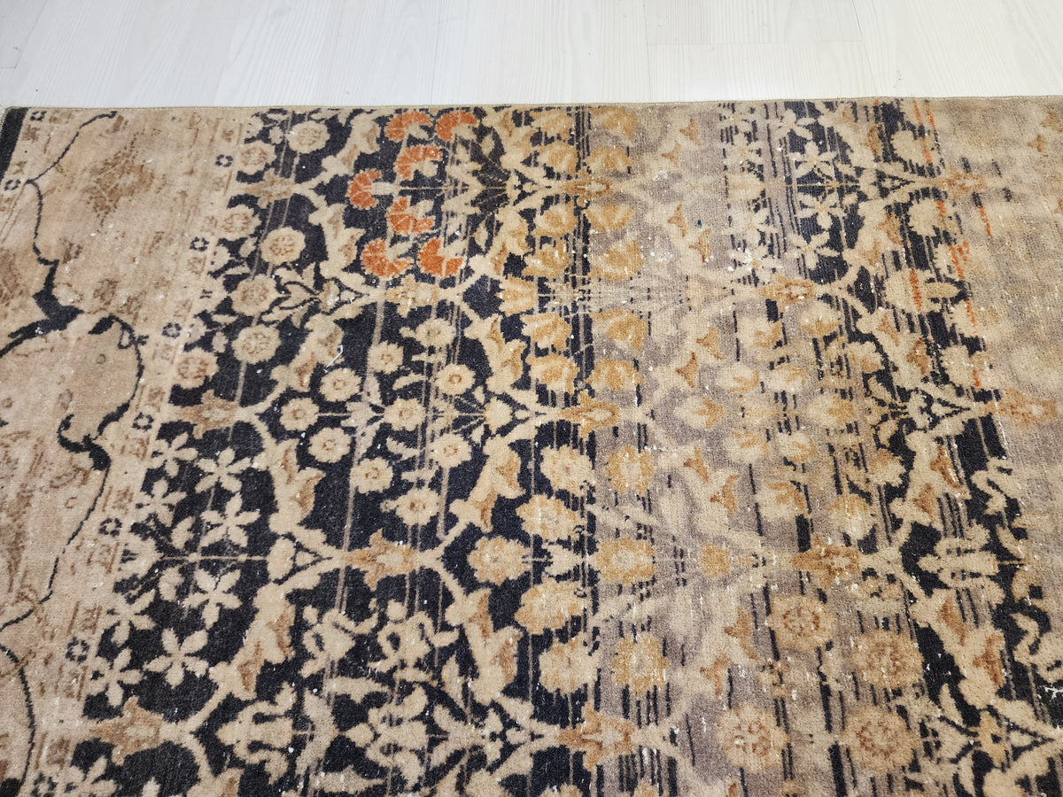 Vintage Turkish Hereke Runner Rug, Handknotted Wool, Muted Beige Brown Floral 1'9''x10'3''