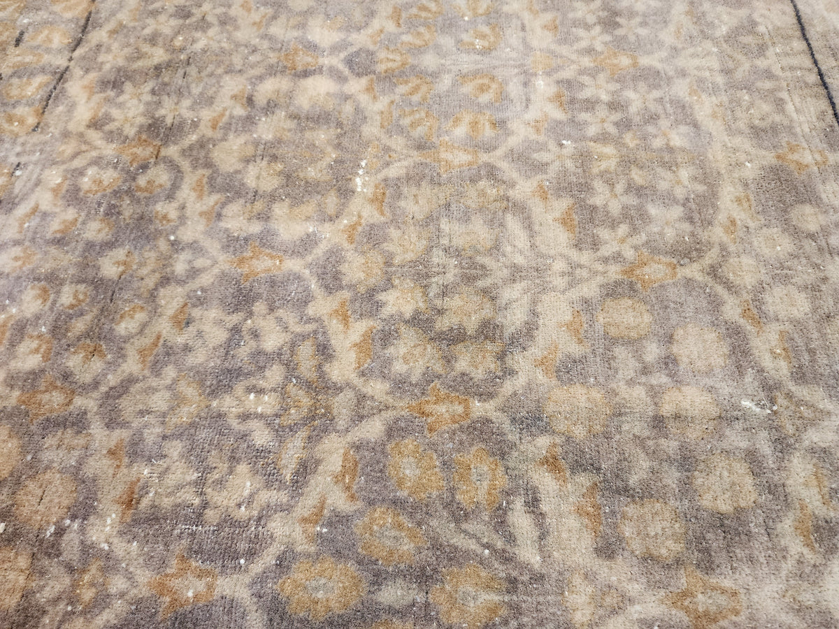 Vintage Turkish Hereke Runner Rug, Handknotted Wool, Muted Beige Brown Floral 1'9''x10'3''