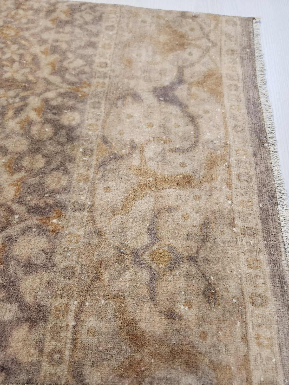 Vintage Turkish Hereke Runner Rug, Handknotted Wool, Muted Beige Brown Floral 1'9''x10'3''