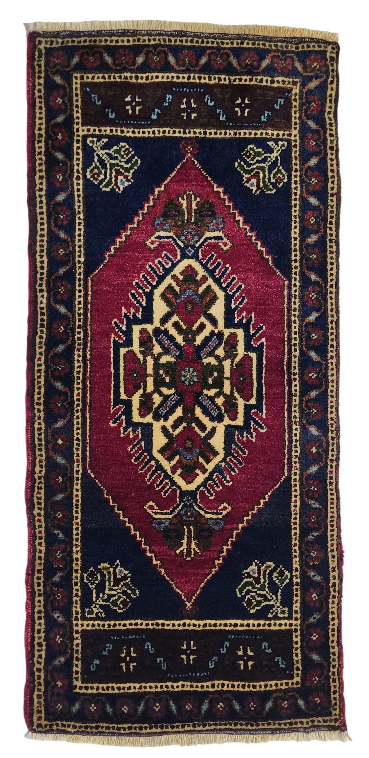 Vintage Işıklar rug in blue, red and white, 1'9" x 3'10", full view