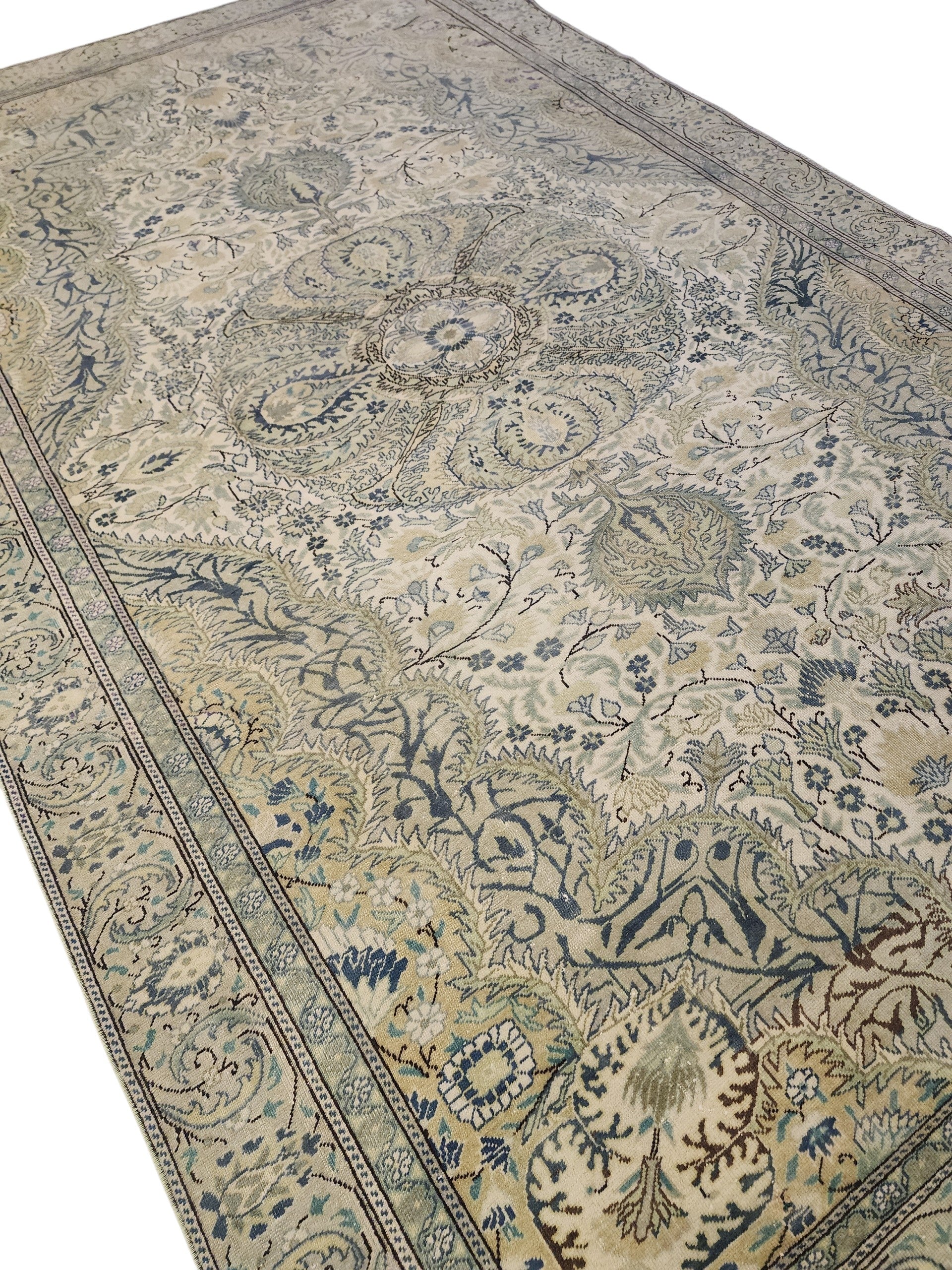 Vintage Handwoven Wool Turkish Rug, Muted Sage Green Blue Medallion Carpet