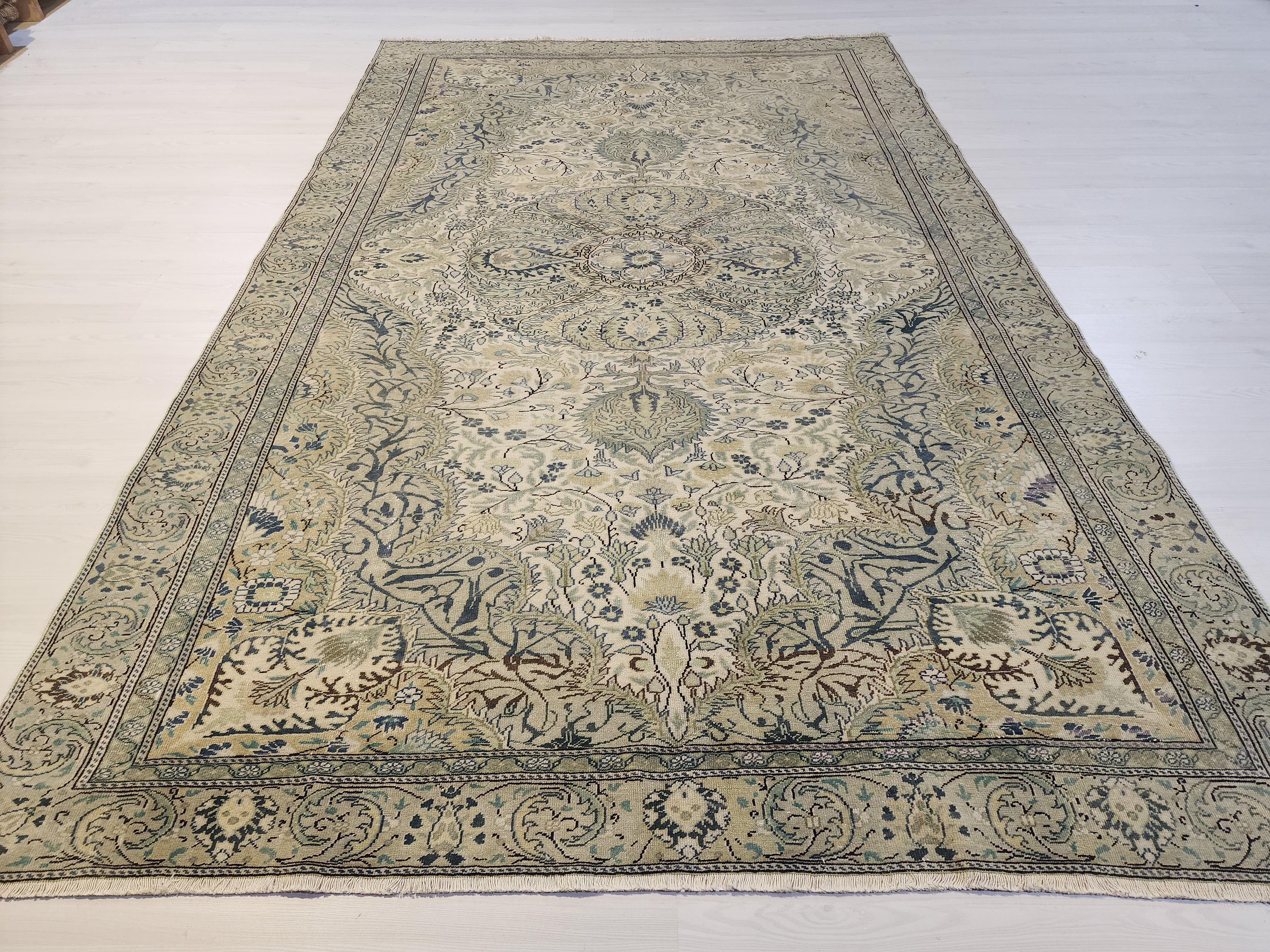 Vintage Handwoven Wool Turkish Rug, Muted Sage Green Blue Medallion Carpet