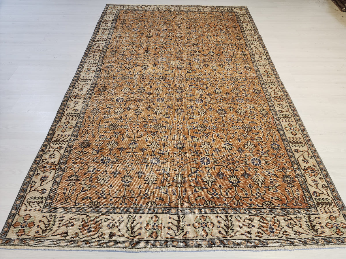 Vintage Turkish Wool Rug, Mustard Gold Floral Ottoman Area Rug (5'10" x 9'5")