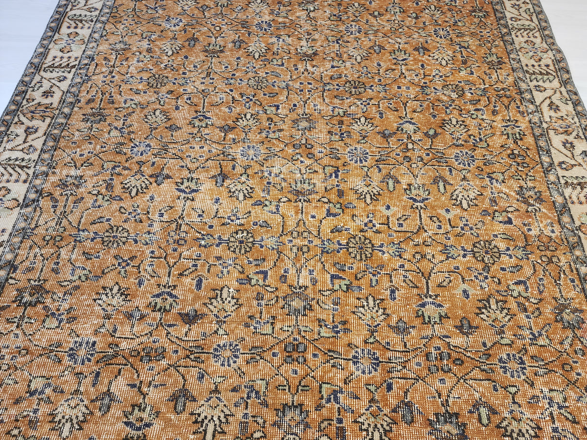 Vintage Turkish Wool Rug, Mustard Gold Floral Ottoman Area Rug (5'10" x 9'5")