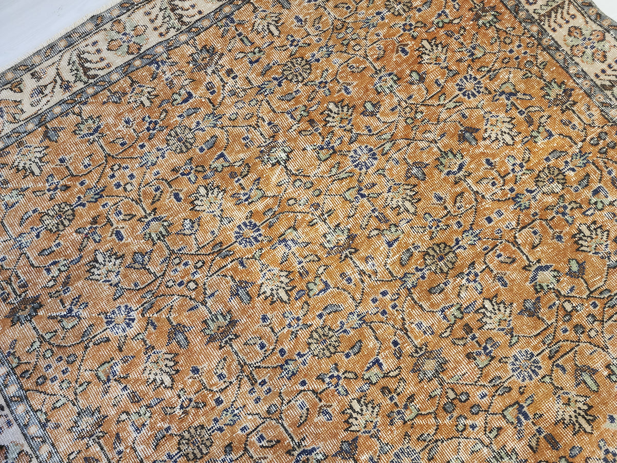 Vintage Turkish Wool Rug, Mustard Gold Floral Ottoman Area Rug (5'10" x 9'5")