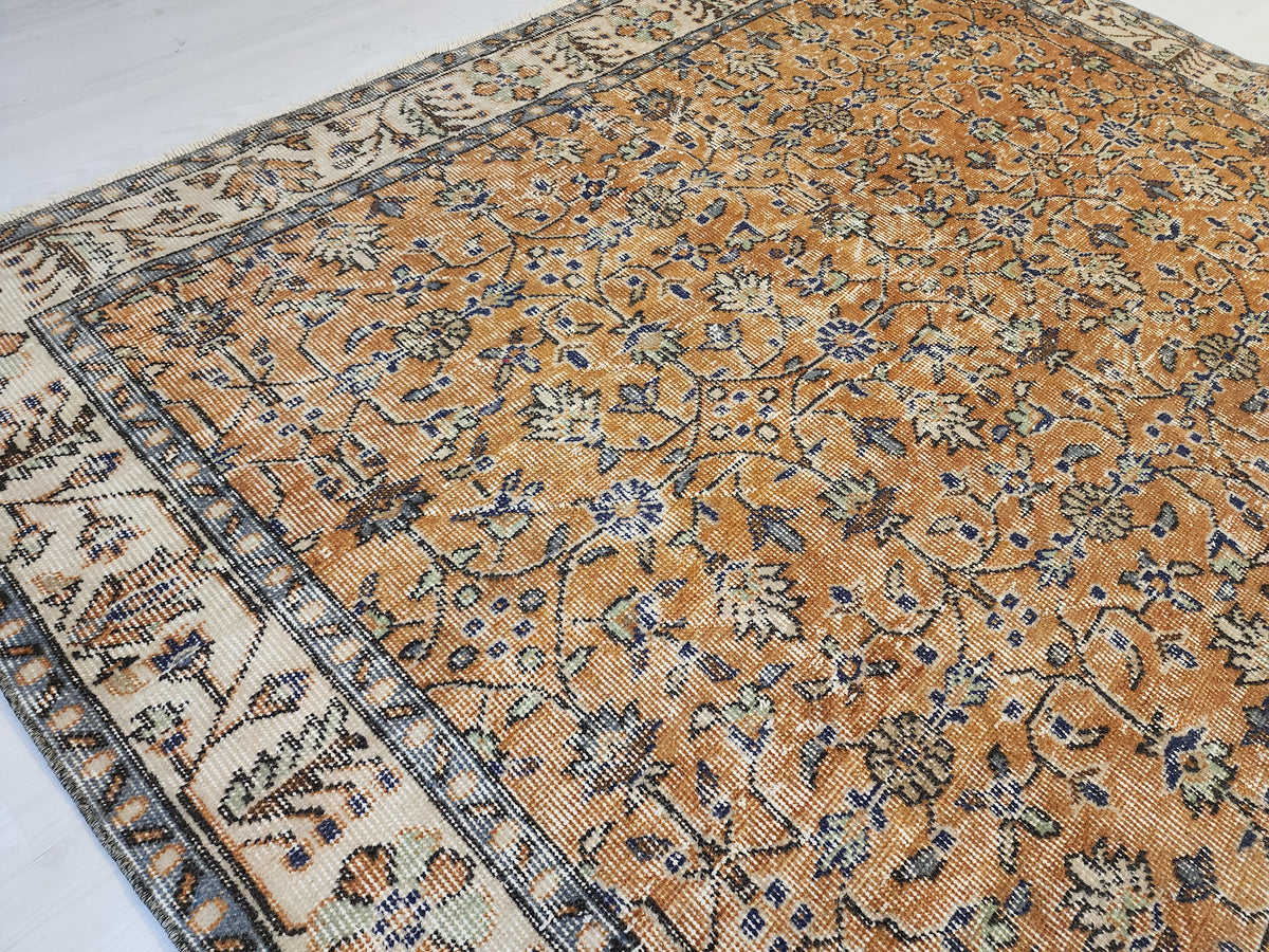 Vintage Turkish Wool Rug, Mustard Gold Floral Ottoman Area Rug (5'10" x 9'5")