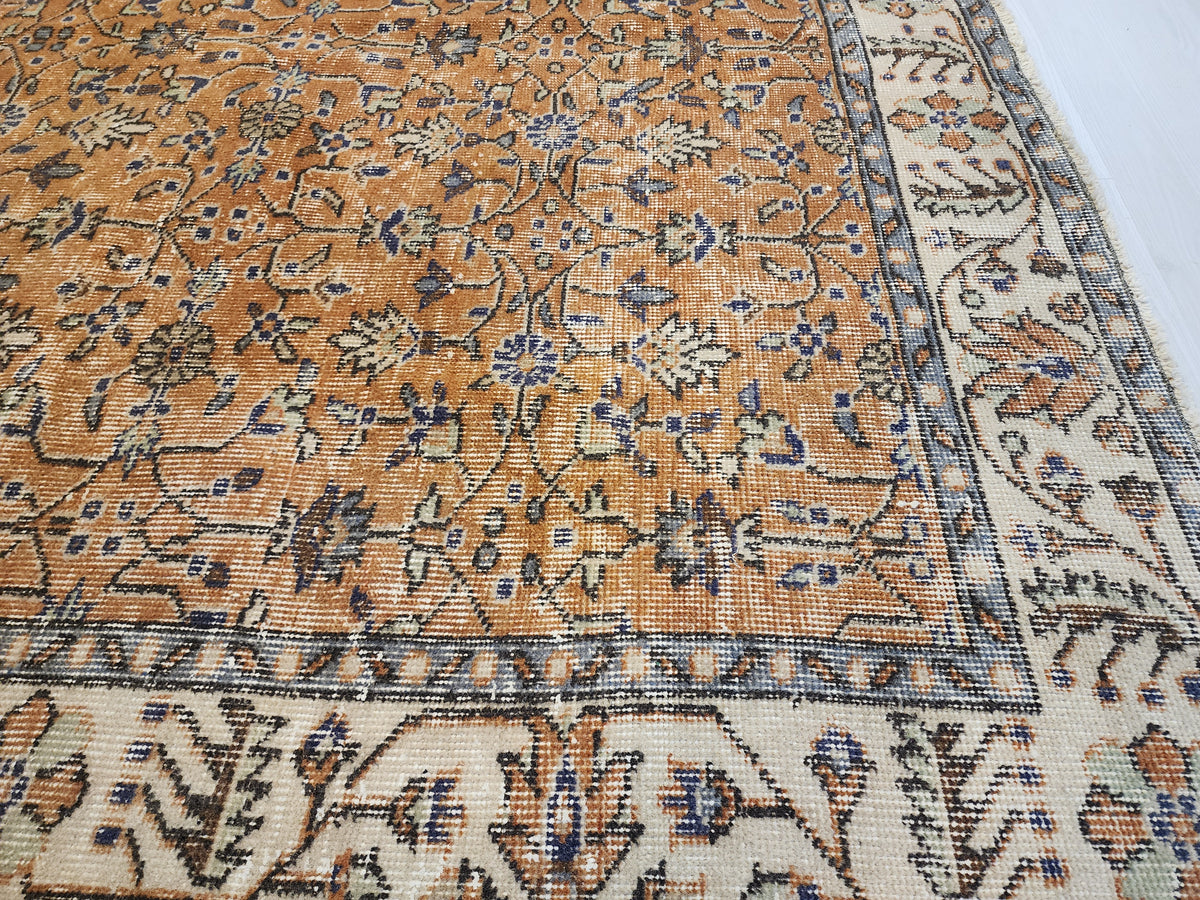Vintage Turkish Wool Rug, Mustard Gold Floral Ottoman Area Rug (5'10" x 9'5")