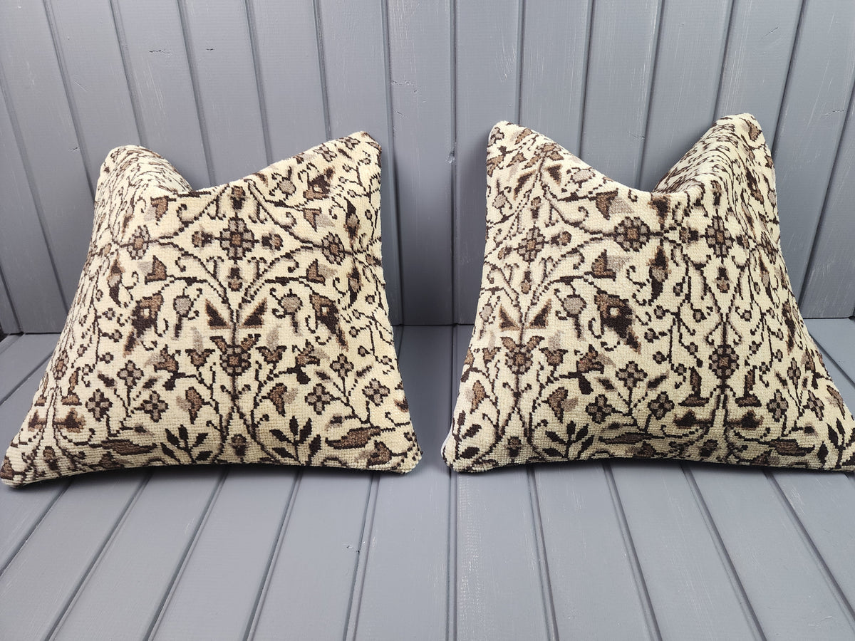 Vintage Oushak rug pillow covers, set of 2, beige and brown, 16x16 in, pair, front view