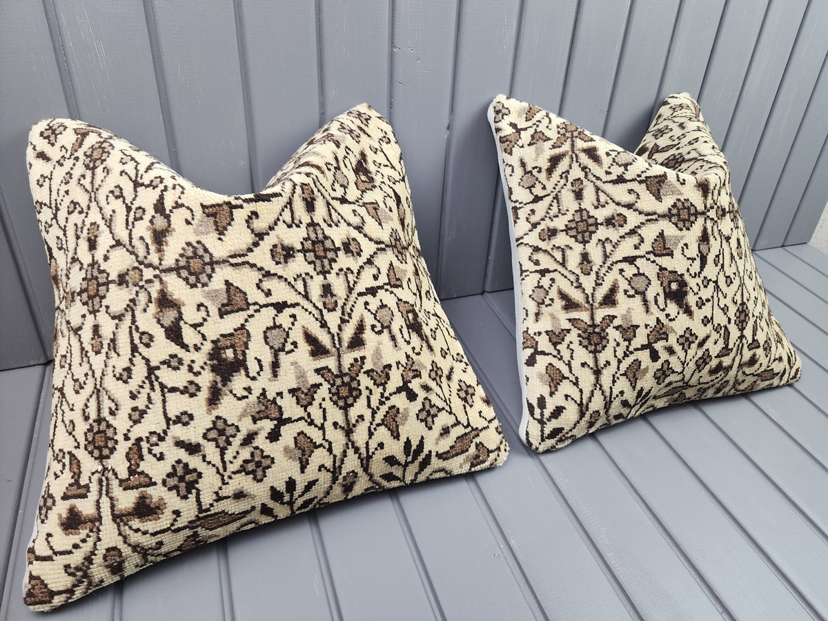 Vintage Oushak rug pillow covers, set of 2, beige and brown, 16x16 in, pair, angled view