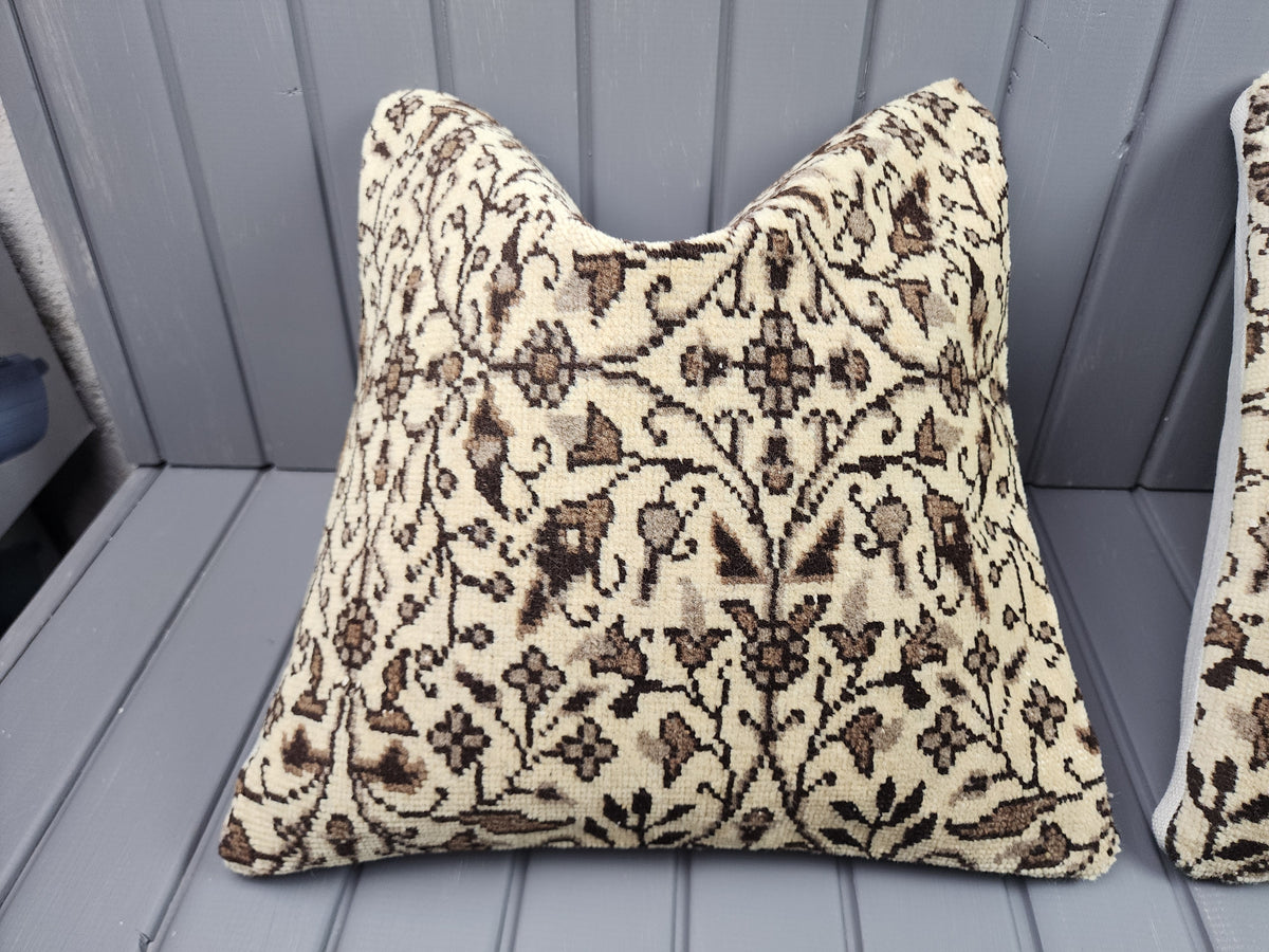 Vintage Oushak rug pillow covers, set of 2, beige and brown, 16x16 in, single cover close-up