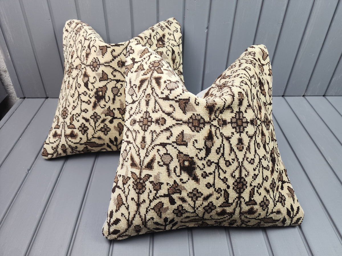 Vintage Oushak rug pillow covers, set of 2, beige and brown, 16x16 in, pair, side view