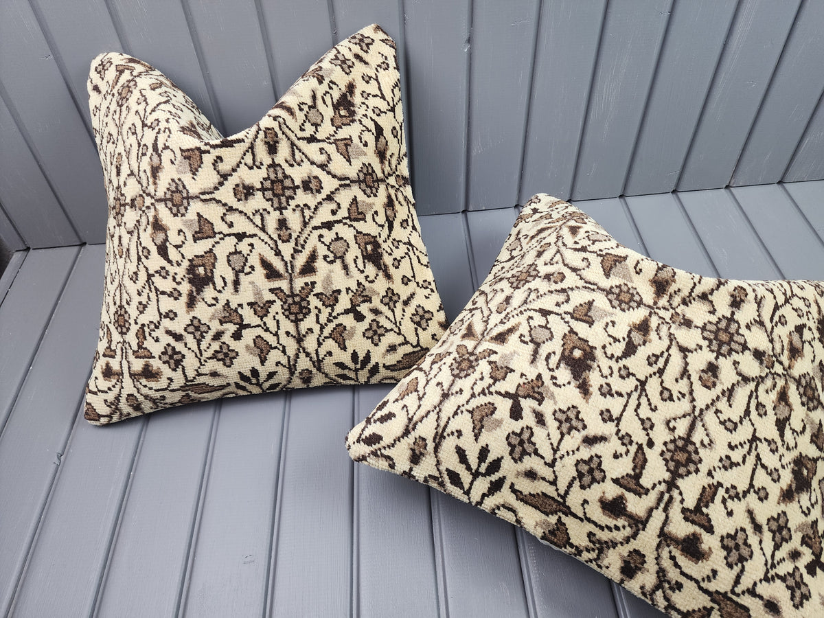 Vintage Oushak rug pillow covers, set of 2, beige and brown, 16x16 in, one cover laid flat