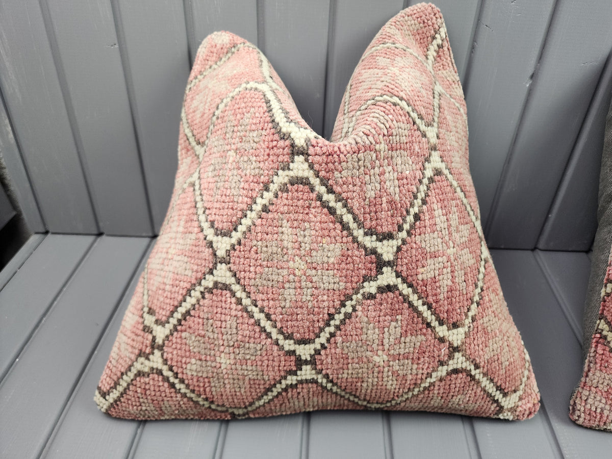 Vintage Oushak rug pillow covers, set of 2, pink, 16x16 in, single cover close-up