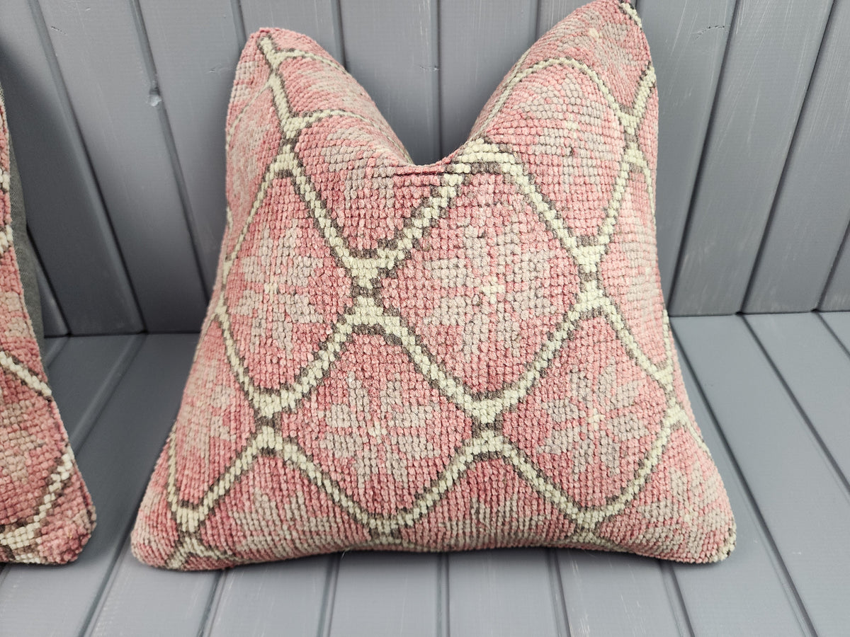 Vintage Oushak rug pillow covers, set of 2, pink, 16x16 in, single cover close-up