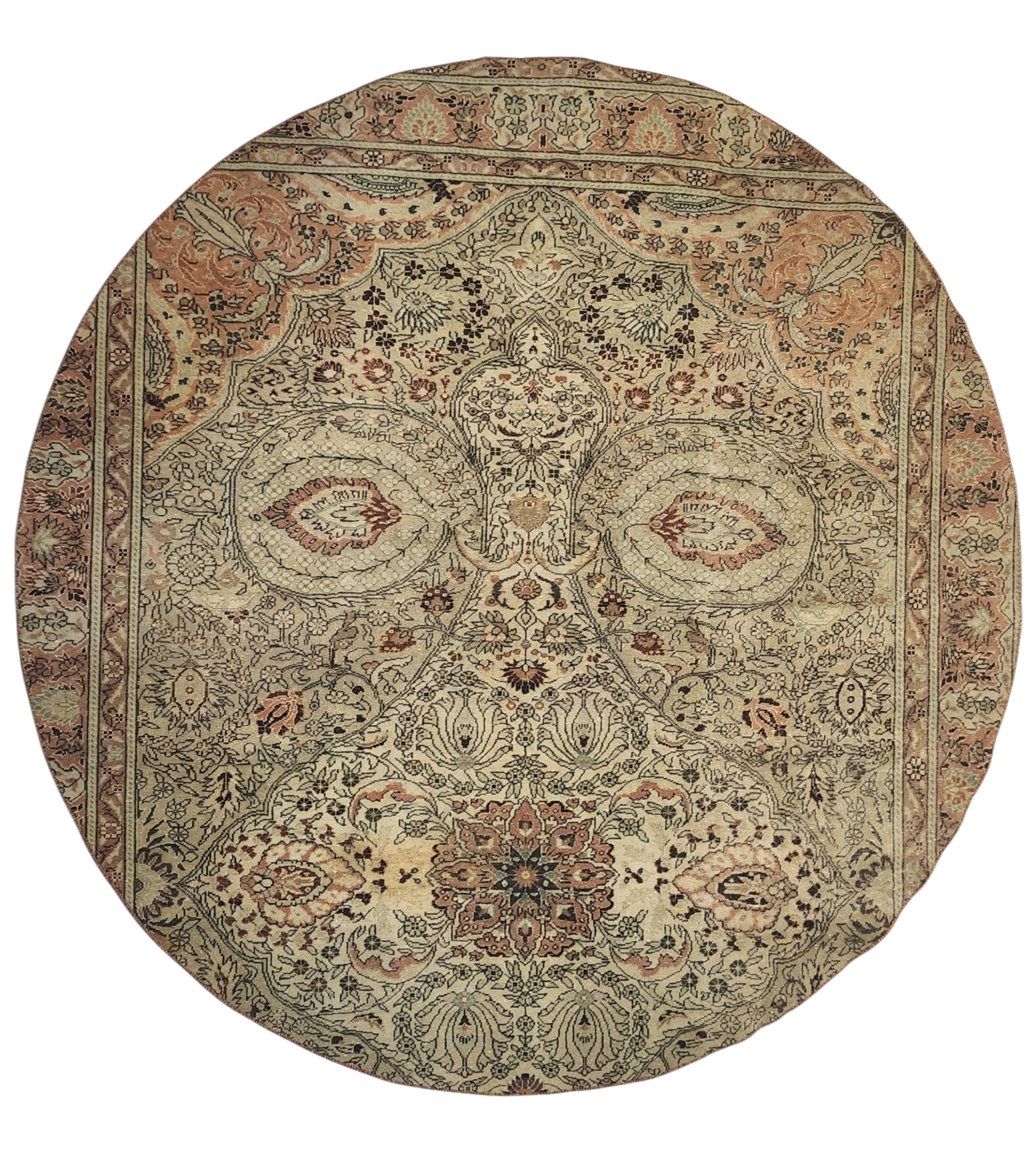 Handmade Turkish Patchwork Rug, Muted Sage Green Terracotta Boho Circle Mat