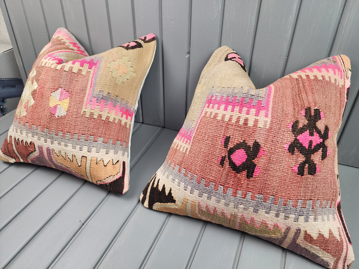 Vintage Turkish kilim pillow covers, set of 2, pink, 16x16 in, pair, angled view