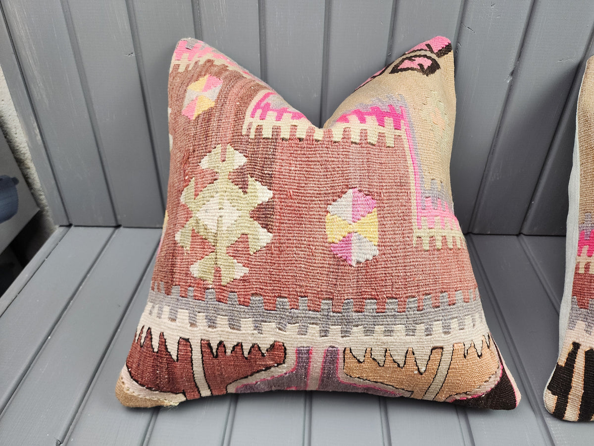 Vintage Turkish kilim pillow covers, set of 2, pink, 16x16 in, single cover close-up
