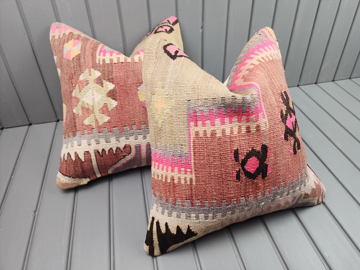 Vintage Turkish kilim pillow covers, set of 2, pink, 16x16 in, pair, side view