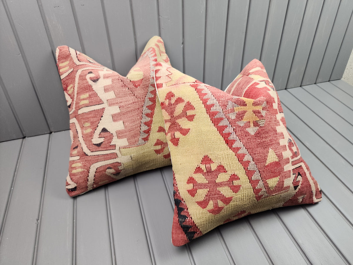 Vintage Turkish kilim pillow covers, set of 2, pink and yellow, 16x16 in, pair, side view