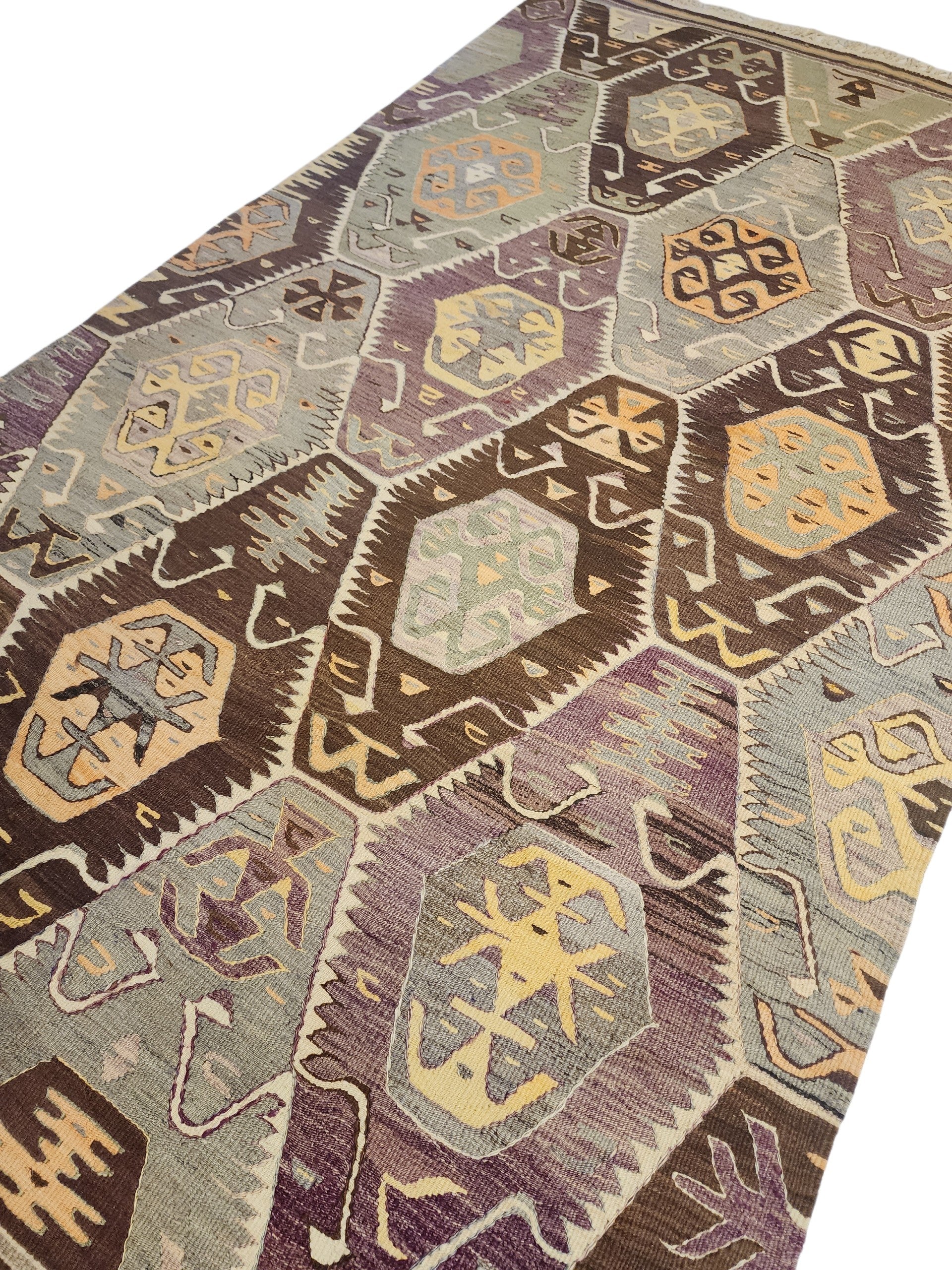 Vintage Turkish Kilim Rug, Geometric Diamond Flatweave Wool, Muted Lavender Sage Green Tribal
