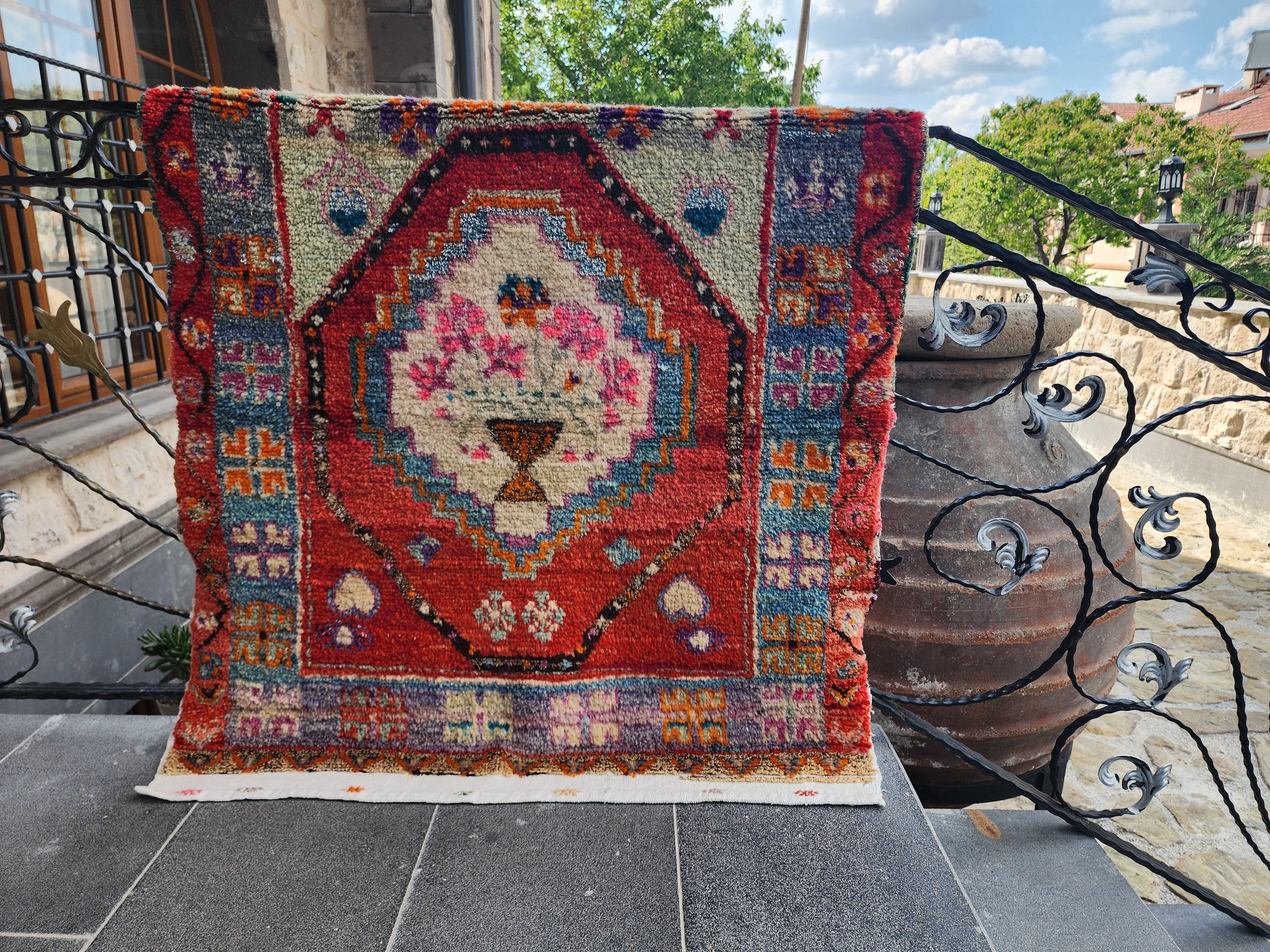 Nympha — Vintage West Anatolian Rug, Handwoven Yörük Tribal Rug, Small Floral Medallion Accent Rug, 100% Natural Organic Dye Wool Rug