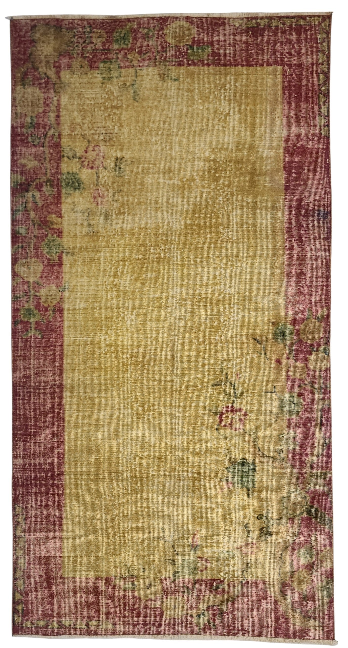Vintage Turkish Wool Rug, Mustard Yellow Red Floral Border, Hand-Knotted Anatolian Area Rug