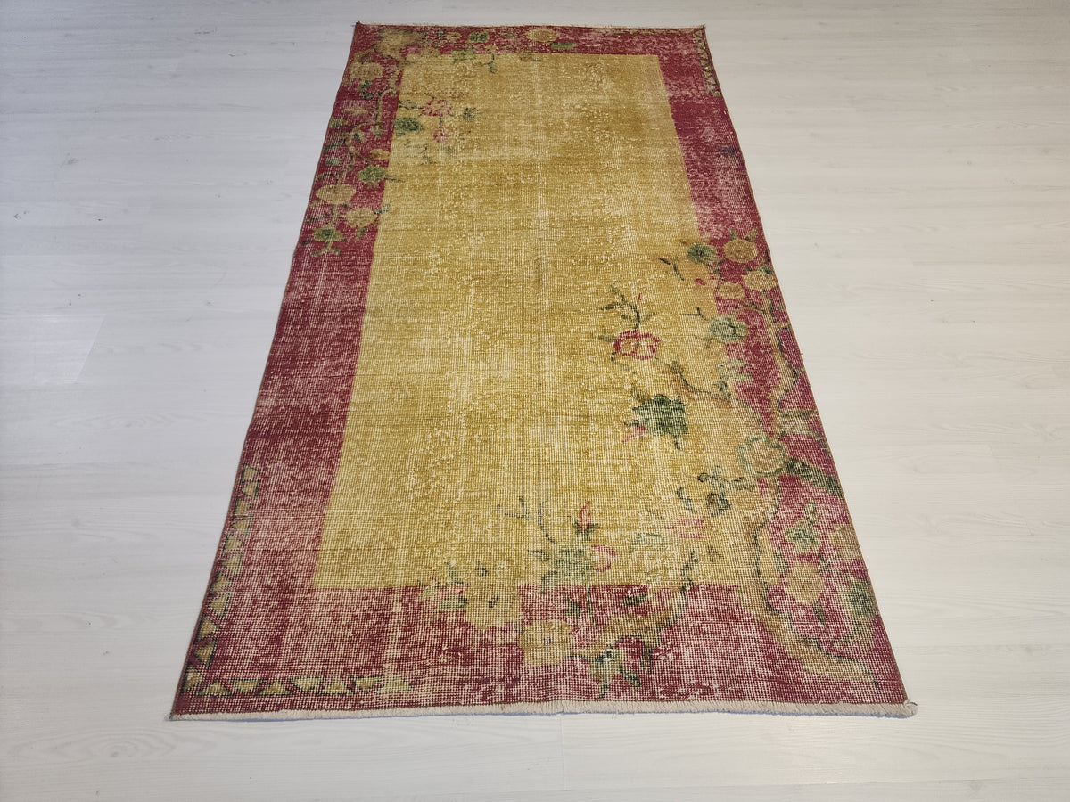 Vintage Turkish Wool Rug, Mustard Yellow Red Floral Border, Hand-Knotted Anatolian Area Rug