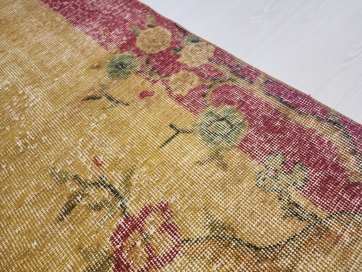Vintage Turkish Wool Rug, Mustard Yellow Red Floral Border, Hand-Knotted Anatolian Area Rug
