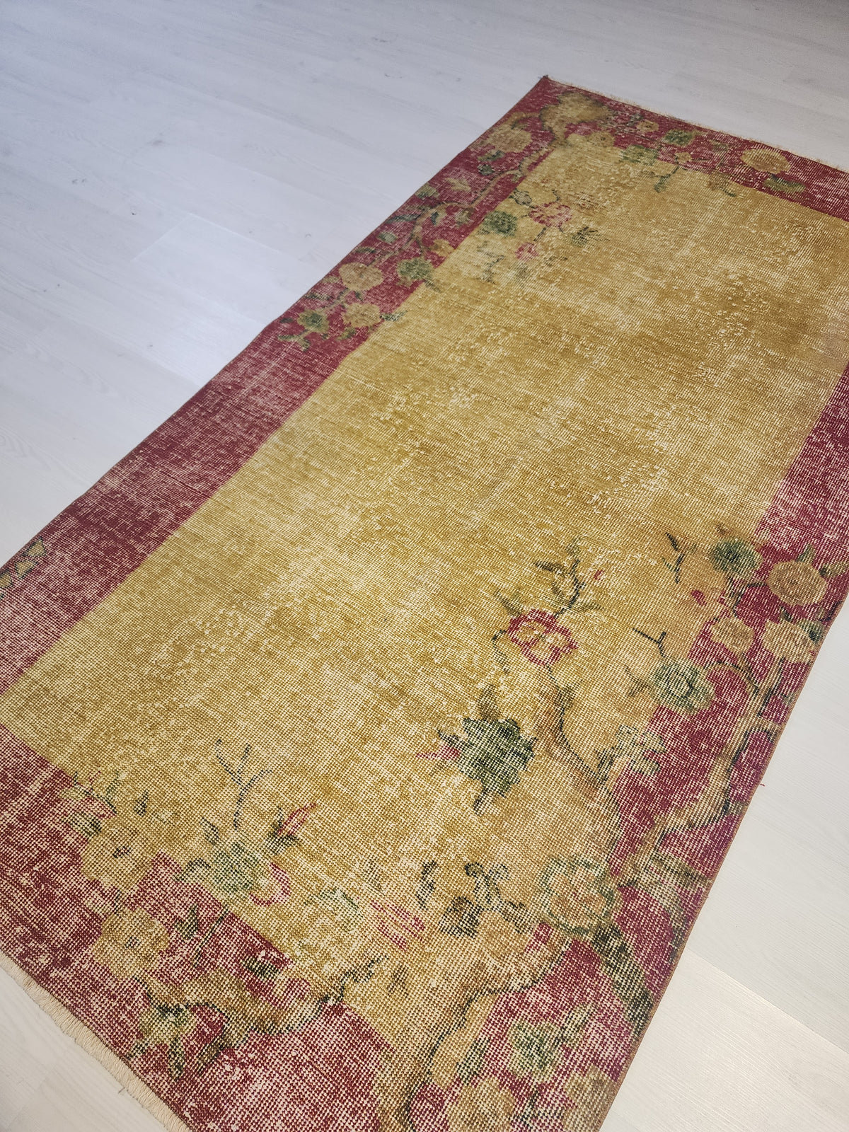 Vintage Turkish Wool Rug, Mustard Yellow Red Floral Border, Hand-Knotted Anatolian Area Rug
