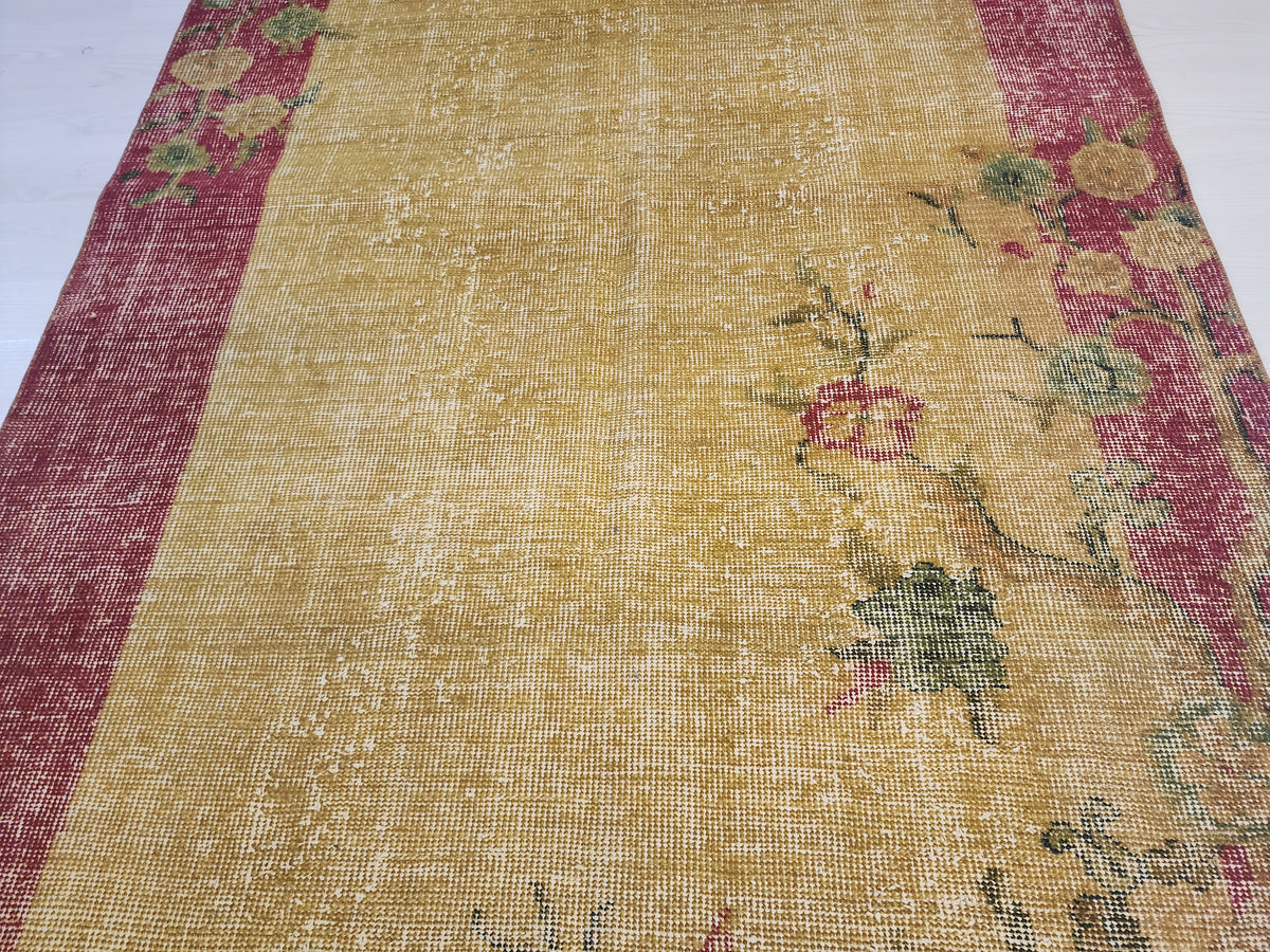 Vintage Turkish Wool Rug, Mustard Yellow Red Floral Border, Hand-Knotted Anatolian Area Rug