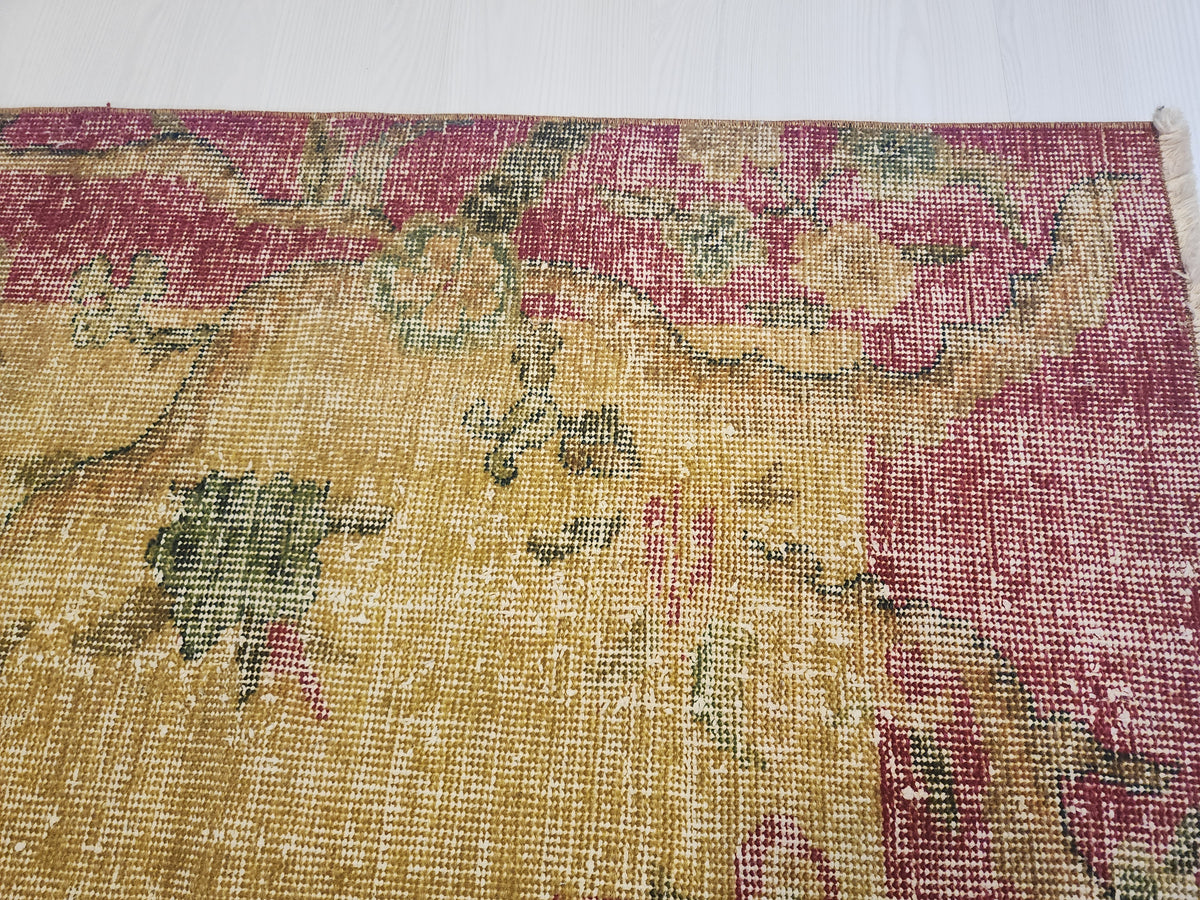 Vintage Turkish Wool Rug, Mustard Yellow Red Floral Border, Hand-Knotted Anatolian Area Rug