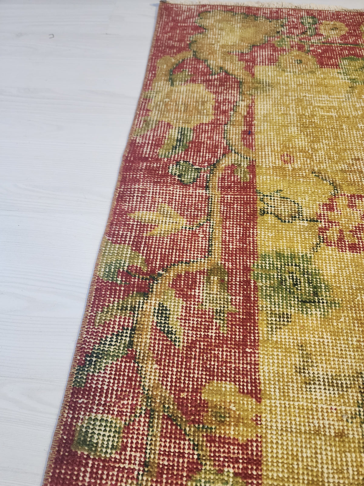 Vintage Turkish Wool Rug, Mustard Yellow Red Floral Border, Hand-Knotted Anatolian Area Rug