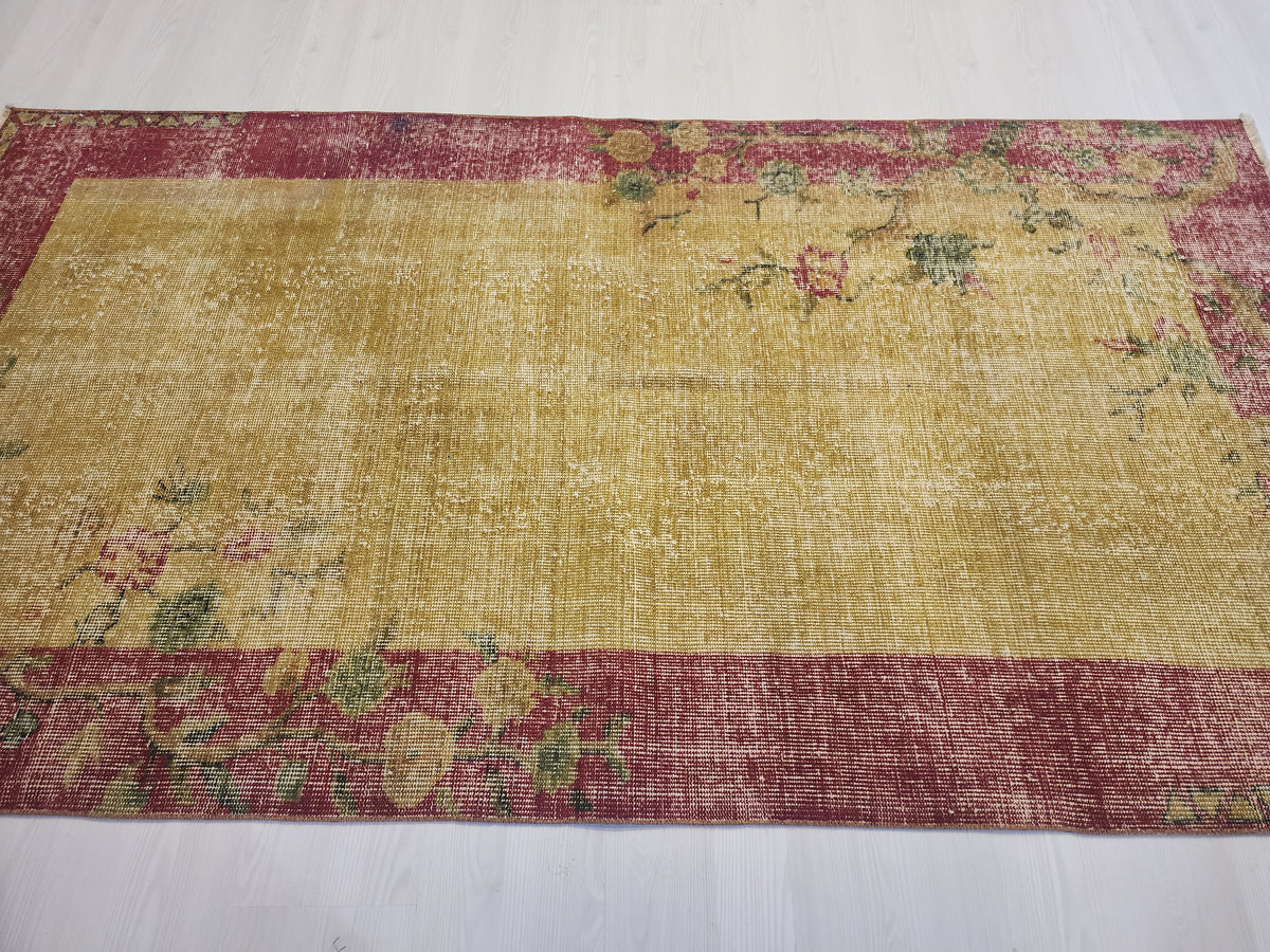 Vintage Turkish Wool Rug, Mustard Yellow Red Floral Border, Hand-Knotted Anatolian Area Rug