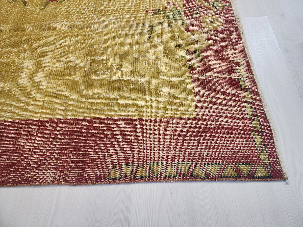 Vintage Turkish Wool Rug, Mustard Yellow Red Floral Border, Hand-Knotted Anatolian Area Rug