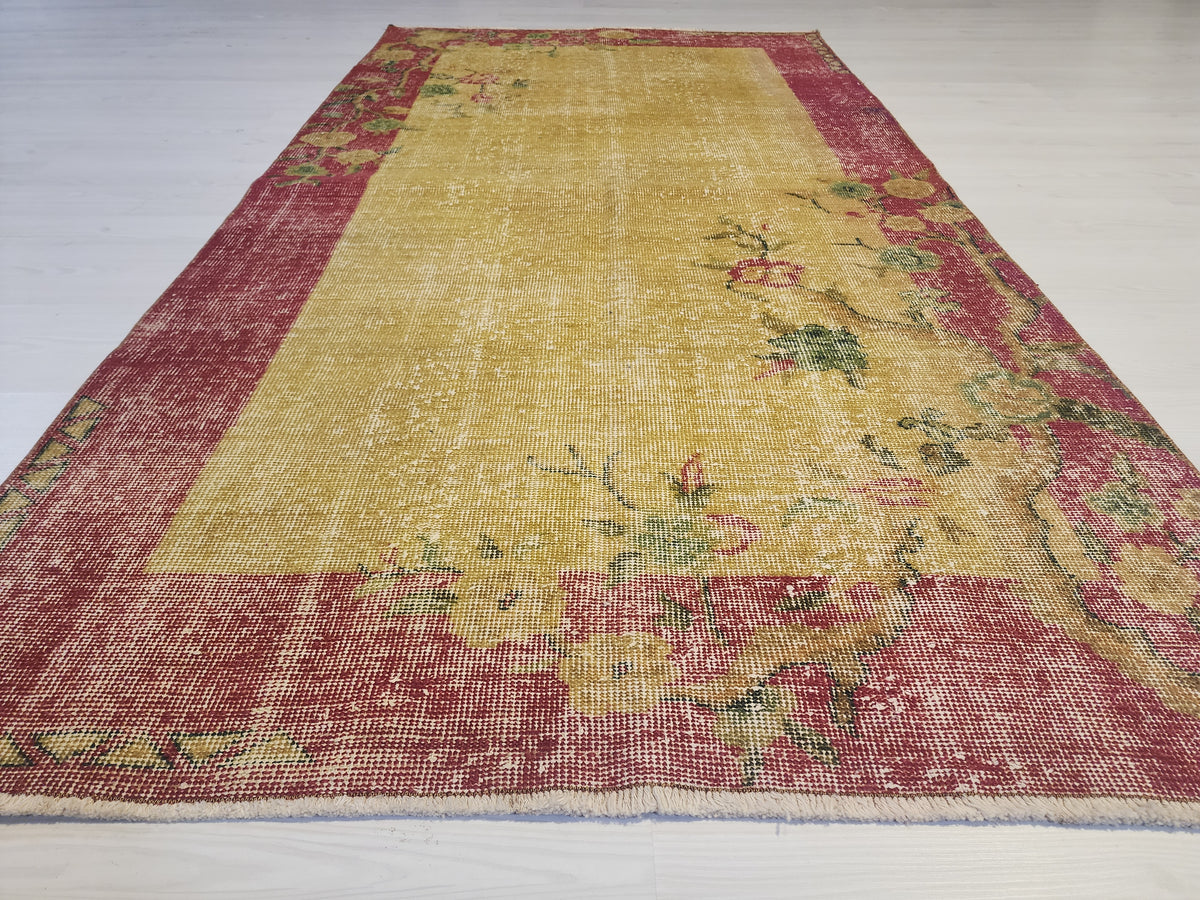 Vintage Turkish Wool Rug, Mustard Yellow Red Floral Border, Hand-Knotted Anatolian Area Rug