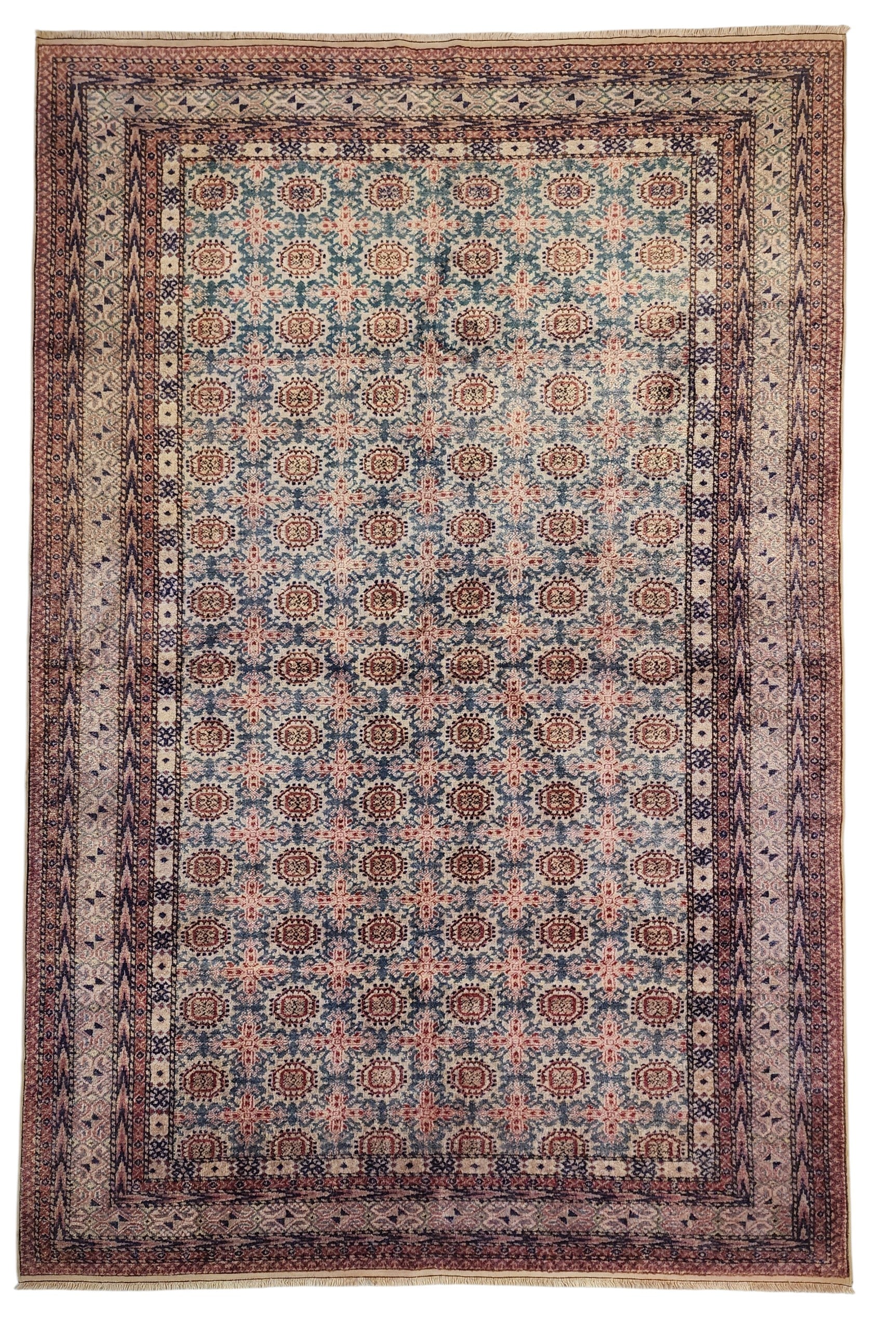 Vintage Anatolian Wool Rug – Muted Blue Terracotta Geometric Pattern (5' x 7'4")