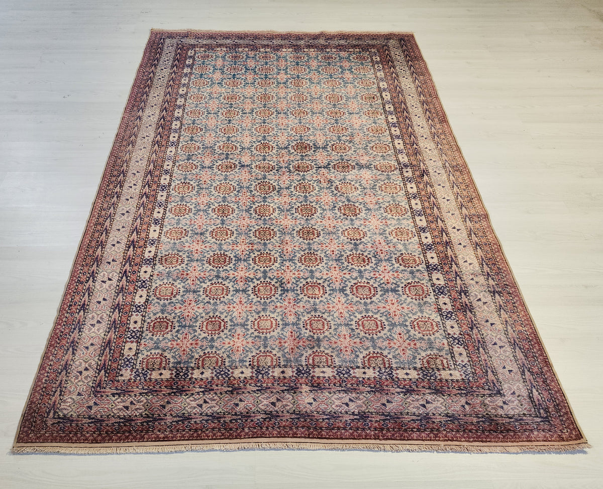 Vintage Anatolian Wool Rug – Muted Blue Terracotta Geometric Pattern (5' x 7'4")