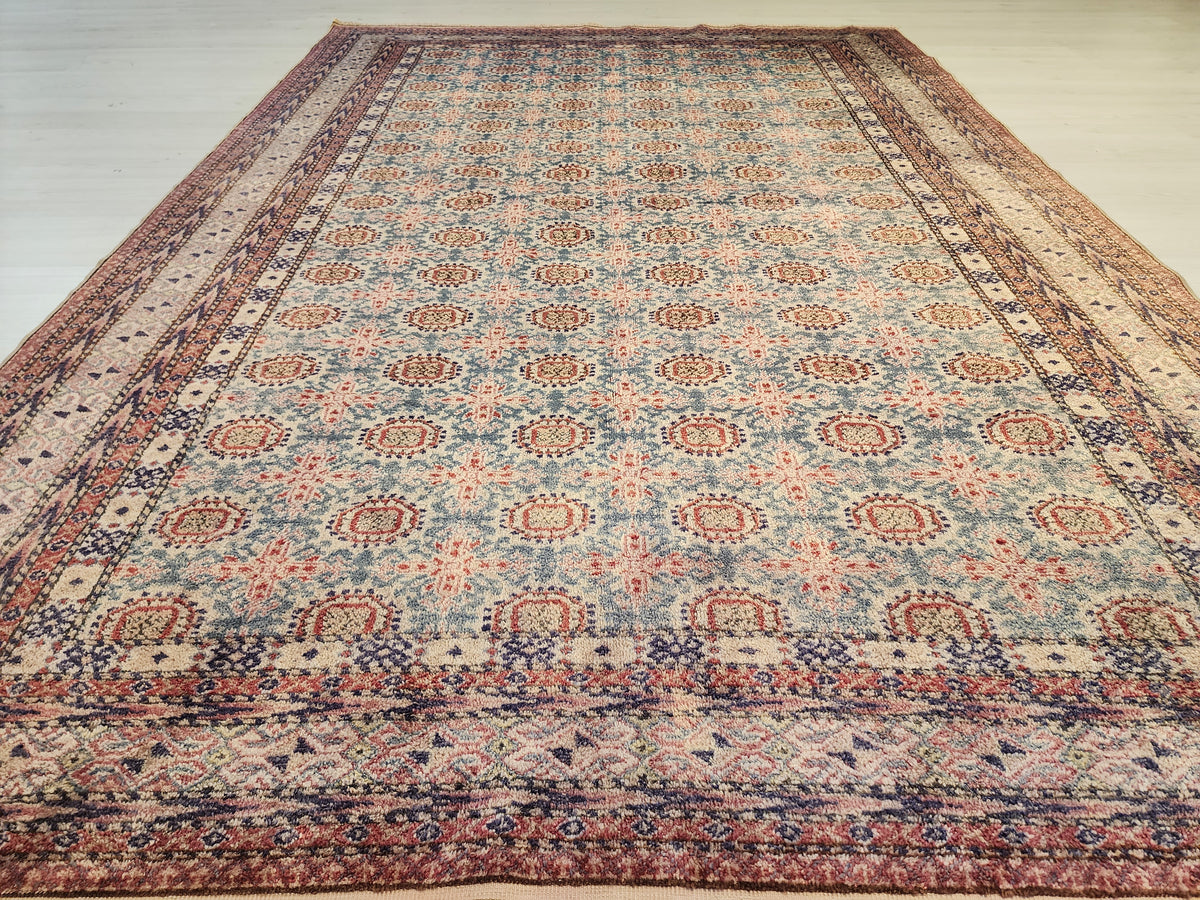 Vintage Anatolian Wool Rug – Muted Blue Terracotta Geometric Pattern (5' x 7'4")