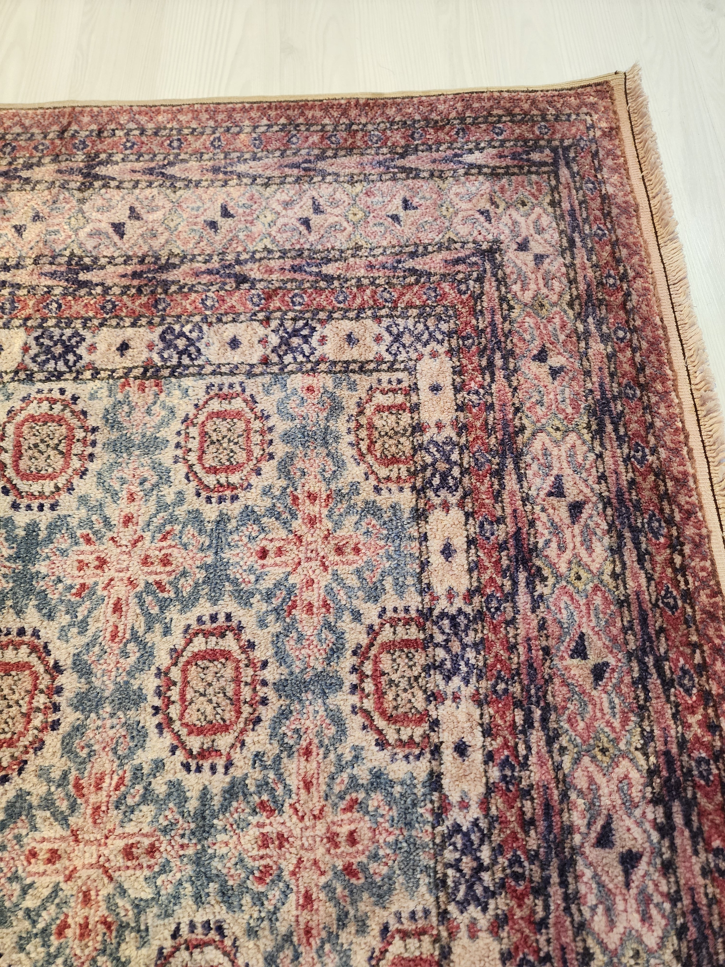 Vintage Anatolian Wool Rug – Muted Blue Terracotta Geometric Pattern (5' x 7'4")