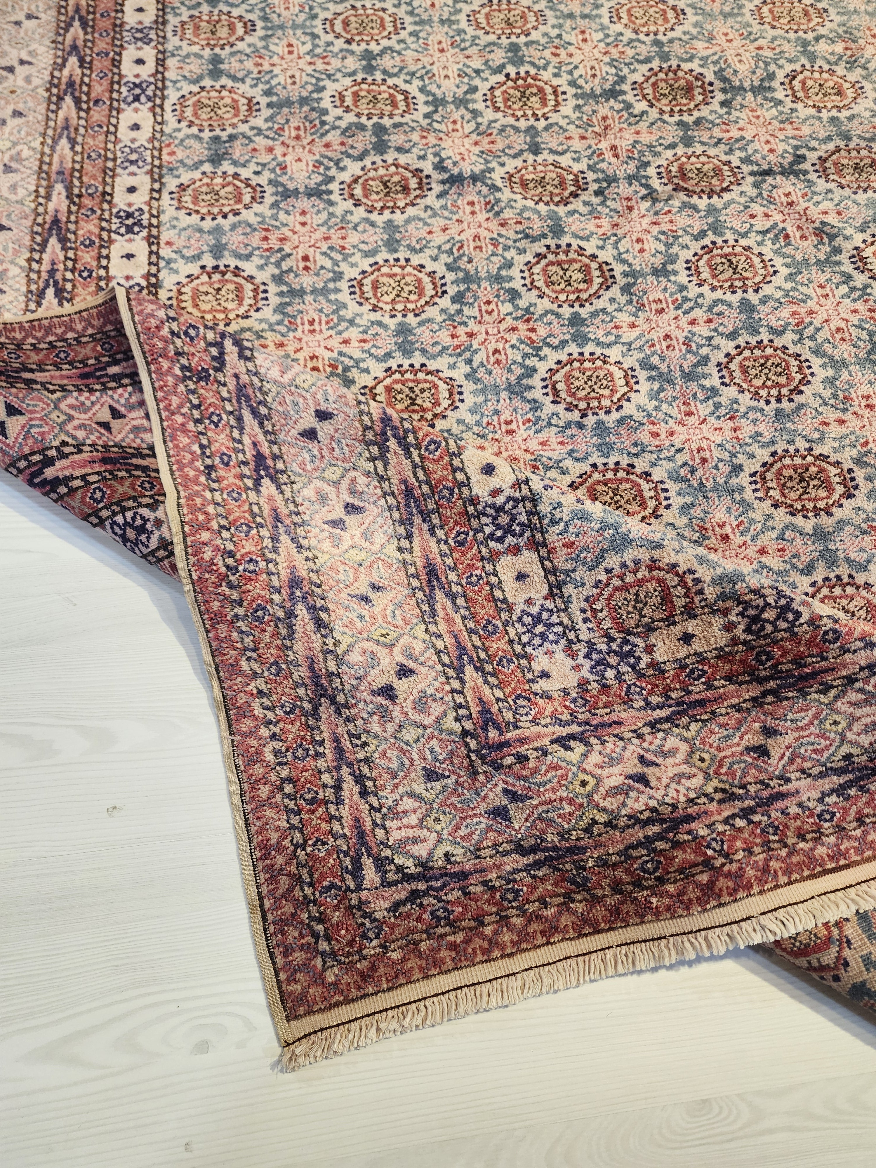 Vintage Anatolian Wool Rug – Muted Blue Terracotta Geometric Pattern (5' x 7'4")
