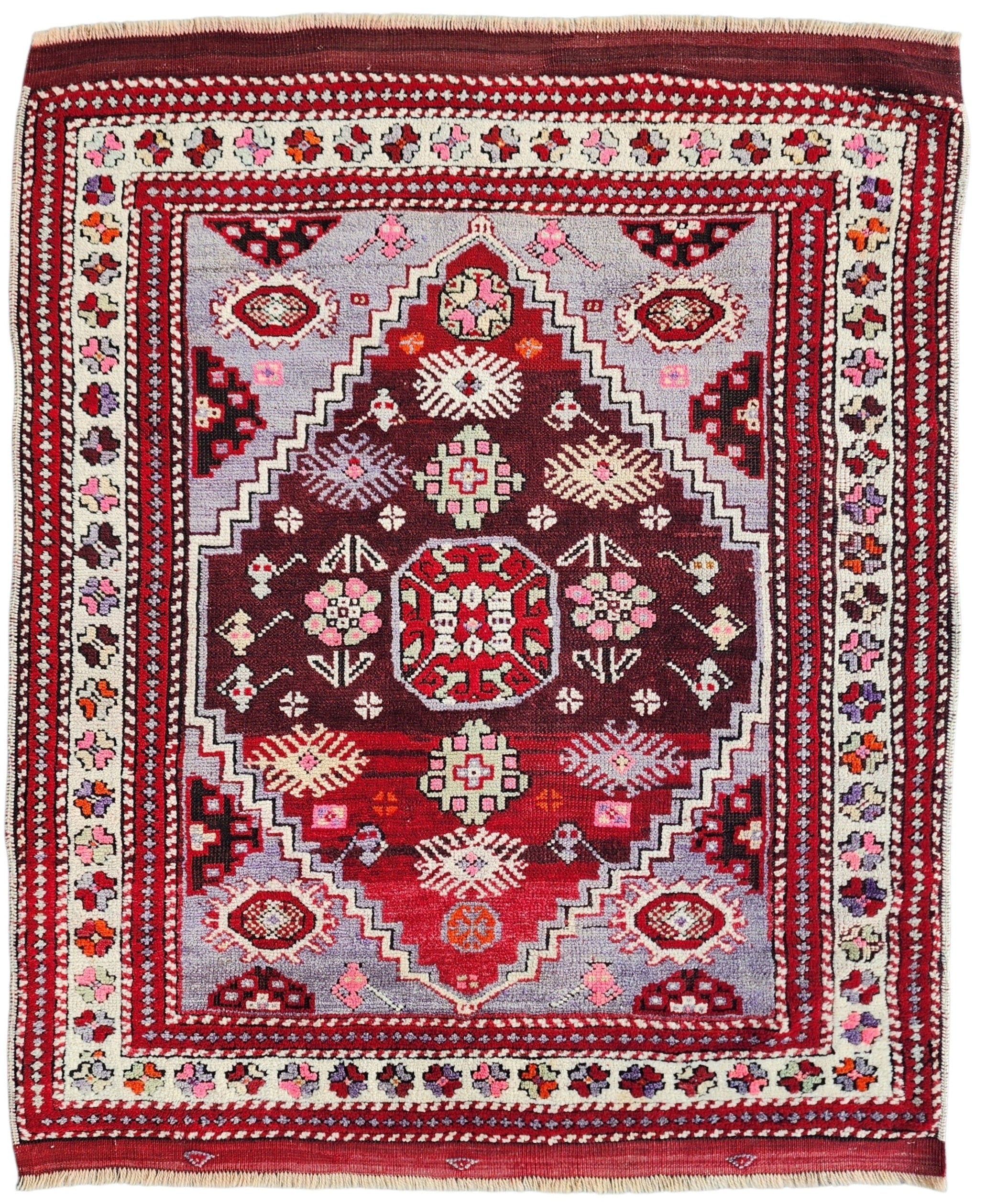 Domnika — Anatolian Boho Decor Rug, Vintage Turkish Oushak Style Rug, Red Diamond Medallion Rug, 3'11x4'7''